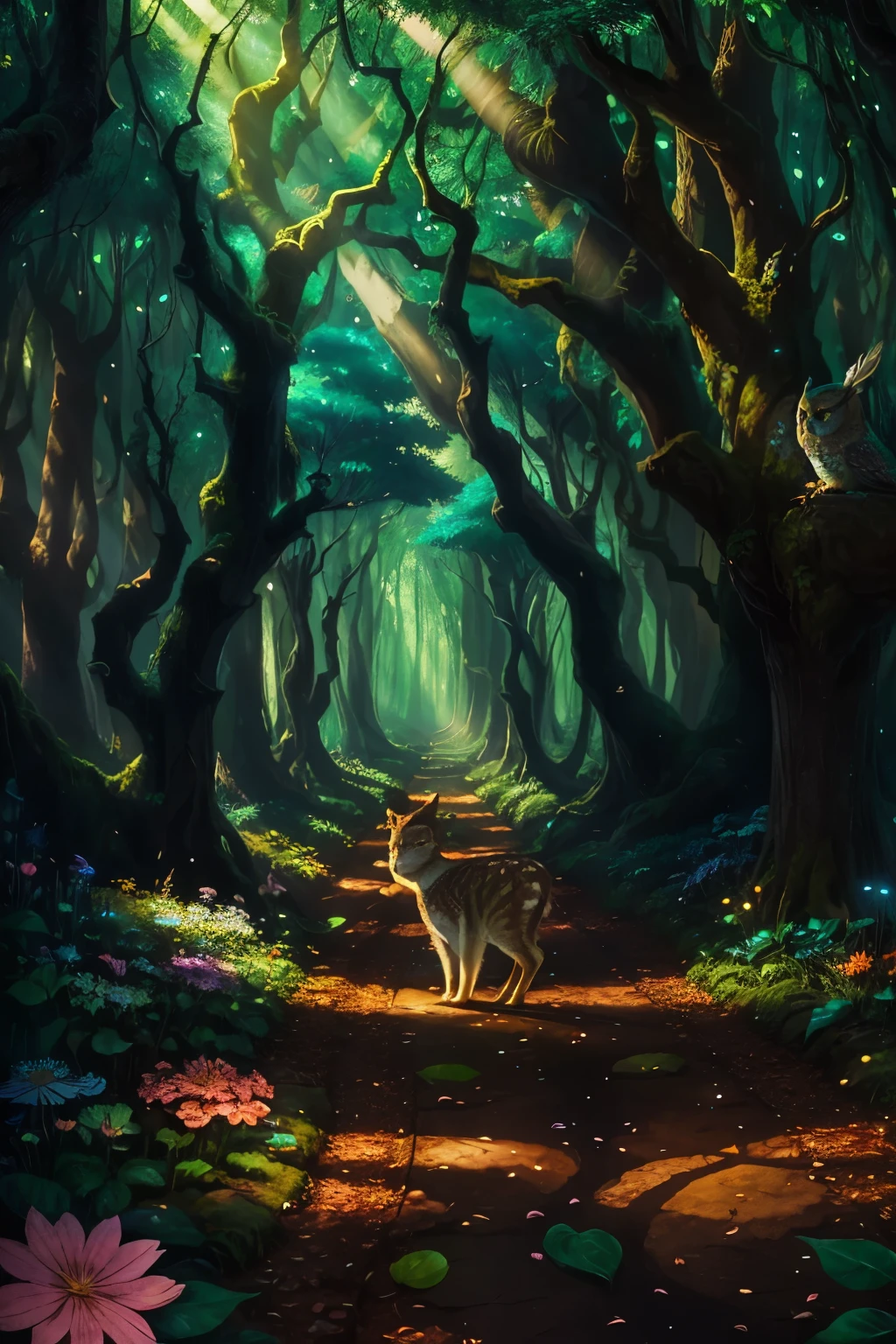 (Masterpiece), (best quality), 8k, ultra-detailed, a serene and mystical enchanted forest comes to life, teeming with talking animals, each one a unique character. The forest is lush and vibrant, with towering trees that stretch up to the clear blue sky, their leaves a rich shade of emerald green. Sunlight filters through the canopy, casting dappled patterns on the forest floor where colorful flowers bloom.

The forest animals gather around, their eyes full of wonder and excitement, as they eagerly await the arrival of their dear friend, a wise old owl named Oliver. With feathers as soft as down and eyes that twinkle with wisdom