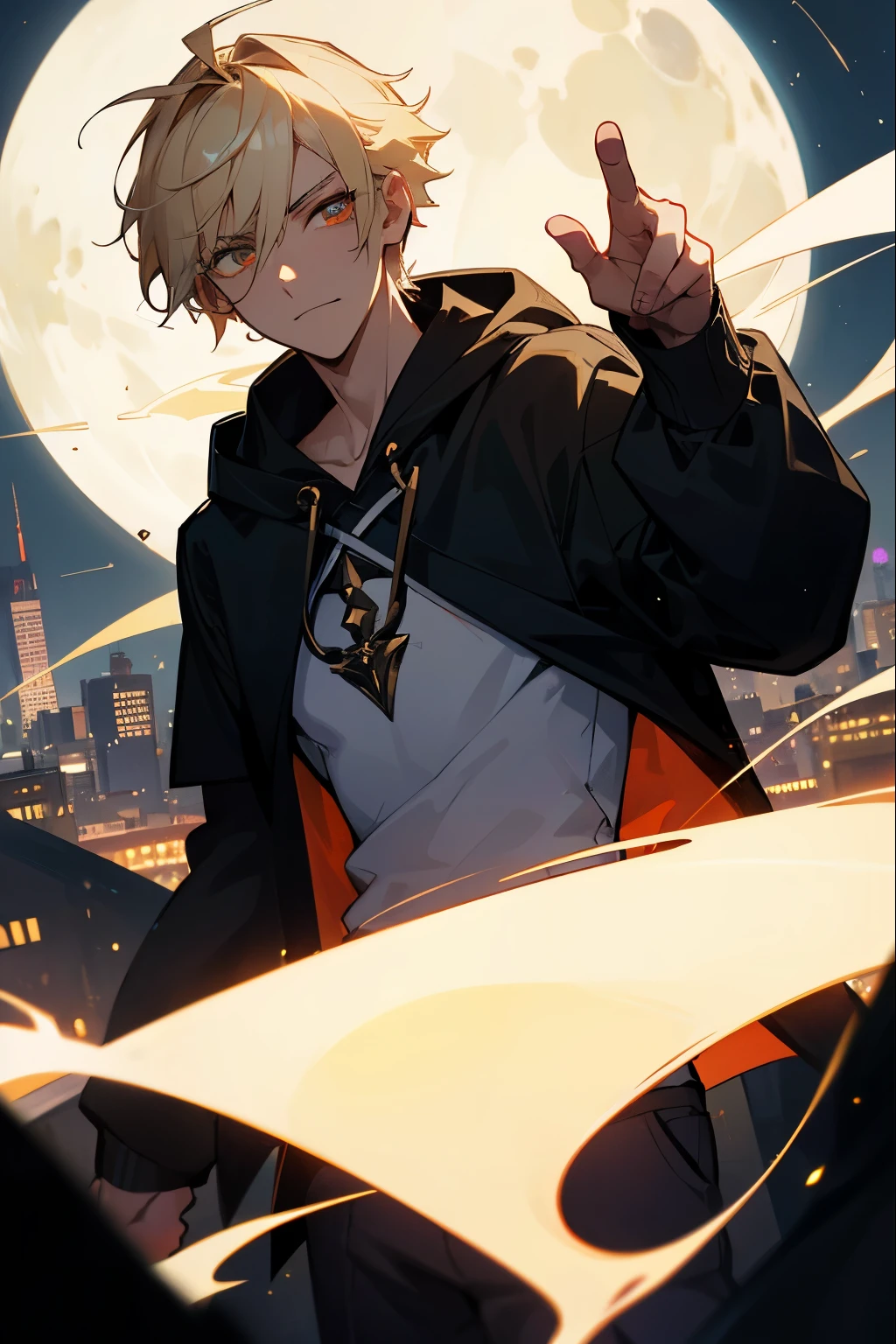 An 18 year old young man with almost white cream blonde hair.. With magical glowing golden eyes and a cut-shaped scar on his left cheek... An arrogant and slightly angry facial expression.. Comfortable black hoodie type clothing. Con fondo de ciudad de noche. Emphasis on the moon above him and the fog in that city.. Pointed up haircut. Image angle from chest up. Enfoque facial. Primer plano de su cara. Cicatriz visible en su mejilla izquierda