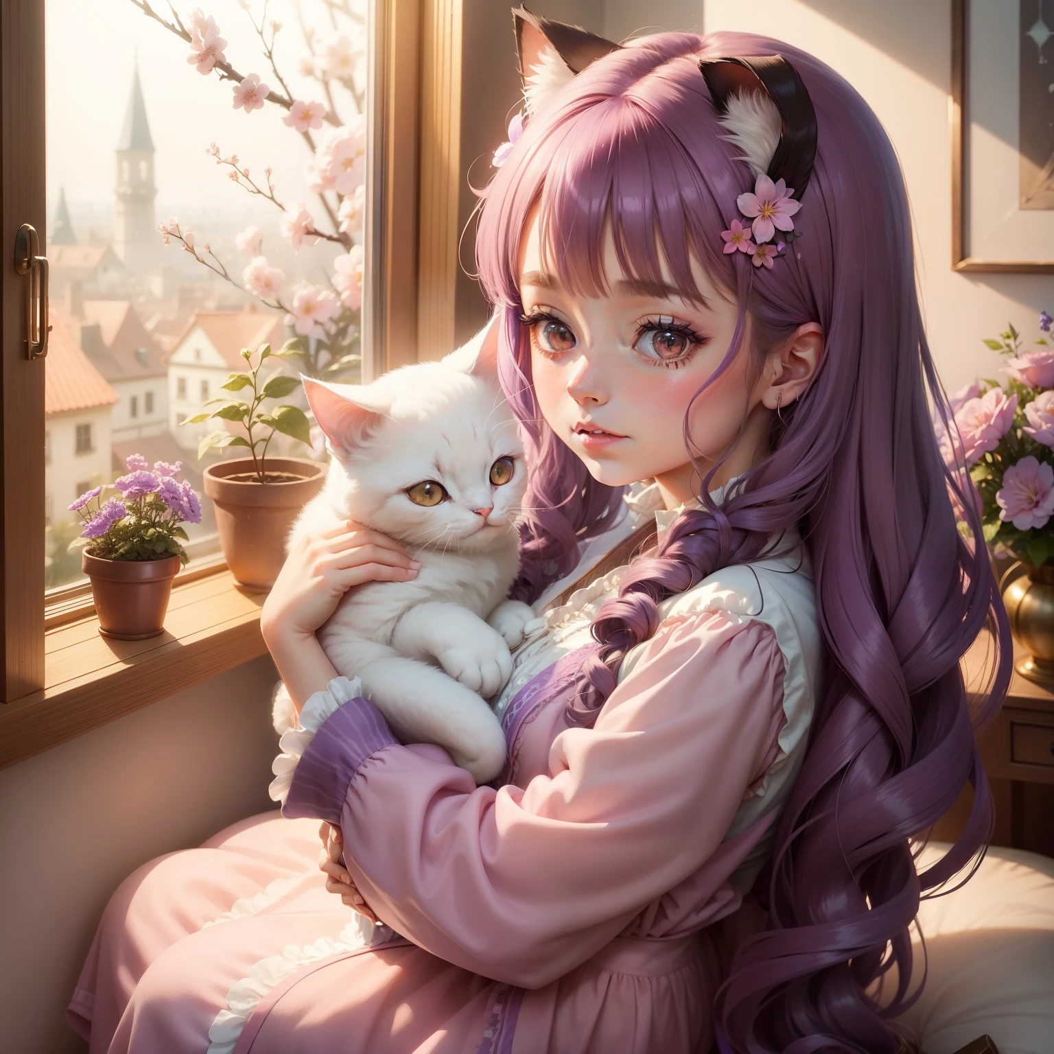 1. Once upon a time in a whimsical world, there lived a girl named Lila, with long, brown curls and violet eyes. She was a virtual youtuber, known for her pink robes adorned with cherry blossoms, and held a plush toy cat in her arms. Her ears, shaped like those of a cat, were adorned with long, soft poils d'oreille, and she blushed gently at the sight of her reflection. Sitting in her studio, illuminated by soft blue arcs, Lila brushed her long tresses, watching the flowers in her garden through the window and listening to the soft purring of her cats.
