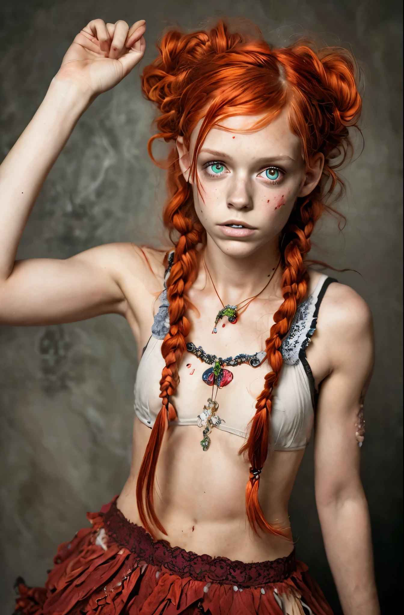 Ultra detailed image of 18 years old Pippi Longstocking, mischievous eyes, long red messy and braided hair, sexy, sloppy look, short skirt, in dinamic, smiling, vivid colors, intricate details of her beautiful eyes and perfect face, rim light.