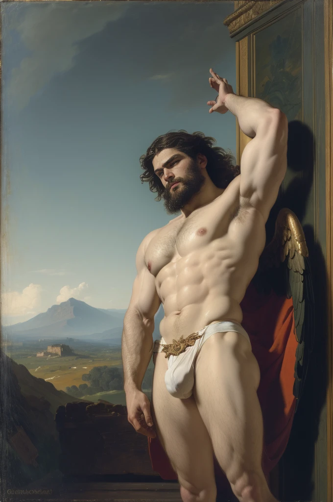 Standing pose, oil painting, exquisite beautiful, masterpiece, fine art painting of a masculine angel, hairy body, dynamic pose, looking like Jasonmomoa, fantasy religious homoerotic art, big wings feathers, saint michael archangel, gilded pinions, antique canvas texture, high detail, museum images, trending on artstation, greg rutkowski, Alexandre Cabanel, tom of finland anne-louis girodet and craig mullins, george quaintance and kees maks, epic breathtaking baroque masterpiece, fine intricate rococo detail, ultra 8k hdr megapixel, extreme precise detail, perfect body composition, oil painting, ((White briefs, big bulge)), realist fine details, classical painting, fine art painting, ((Italian landscape background)), oil on canvas, oil painting, Masterpiece, masterpiece,