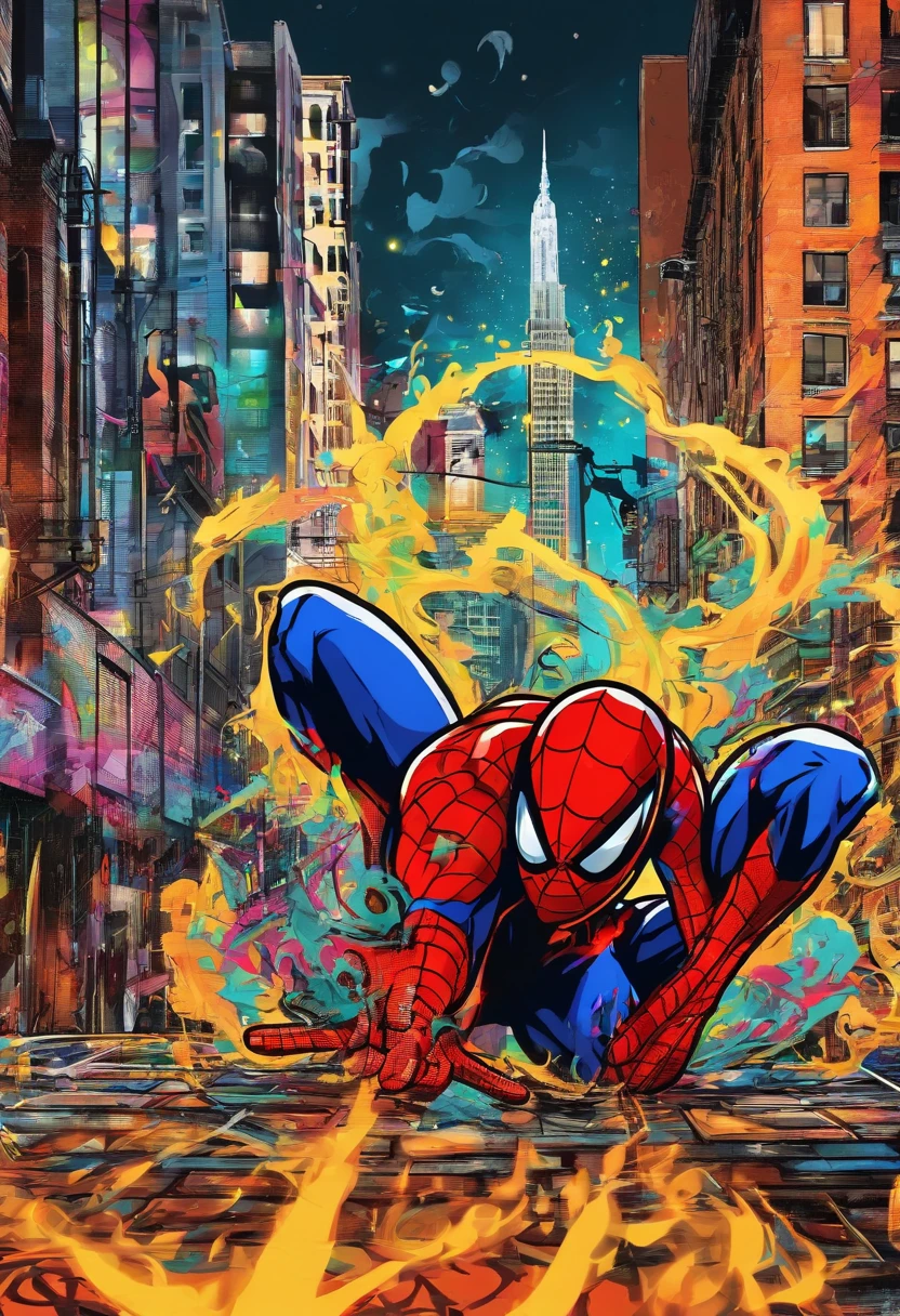 Flammes, Feu, Spiderman en action, ambiance ensoleillée mais urbaine, New york, lumineux, image complète, Contraste élevé haute résolution. 8k. 