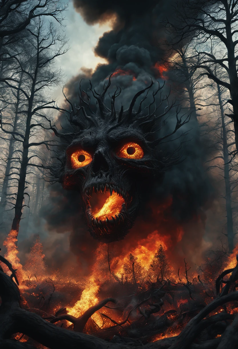 Hellforest, ultra-realistic, maximum detail, cinematic, terrifying, with animals and demonic beings eating, trees on fire, a strange sky, smoke all around, an eye floating, like a black hole, masterpiece, 8k,3d.