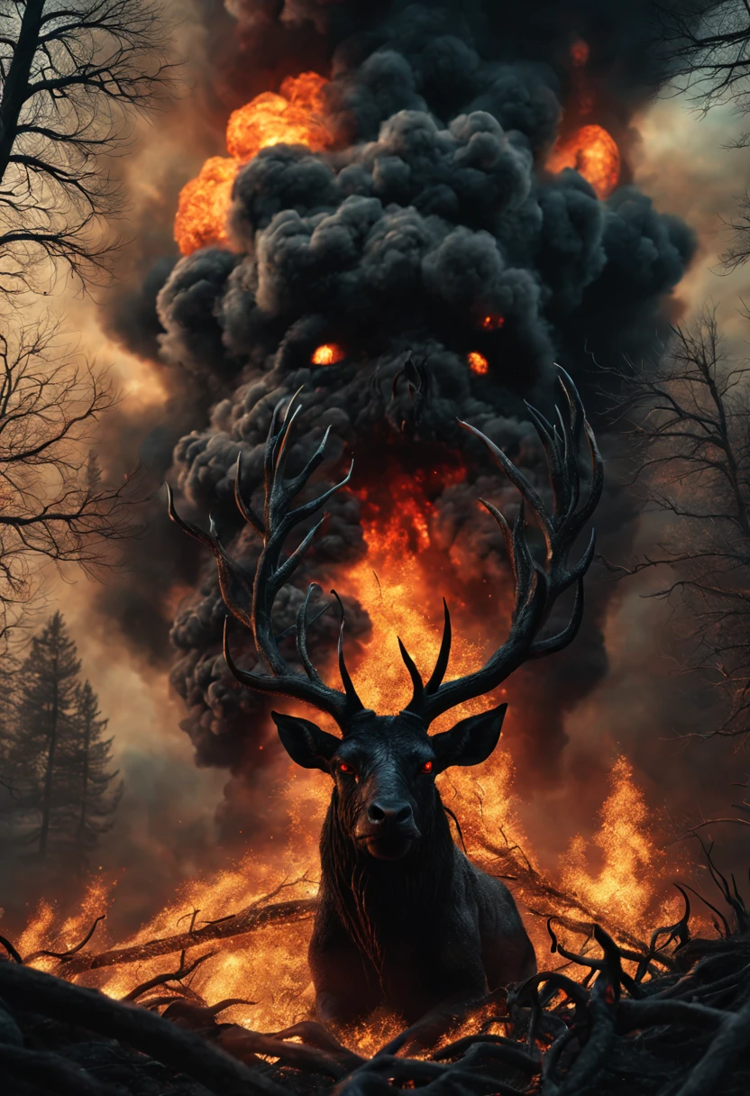 Hellforest, ultra-realistic, maximum detail, cinematic, terrifying, with animals and demonic beings eating, trees on fire, a strange sky, smoke all around, an eye floating, like a black hole, masterpiece, 8k,3d.