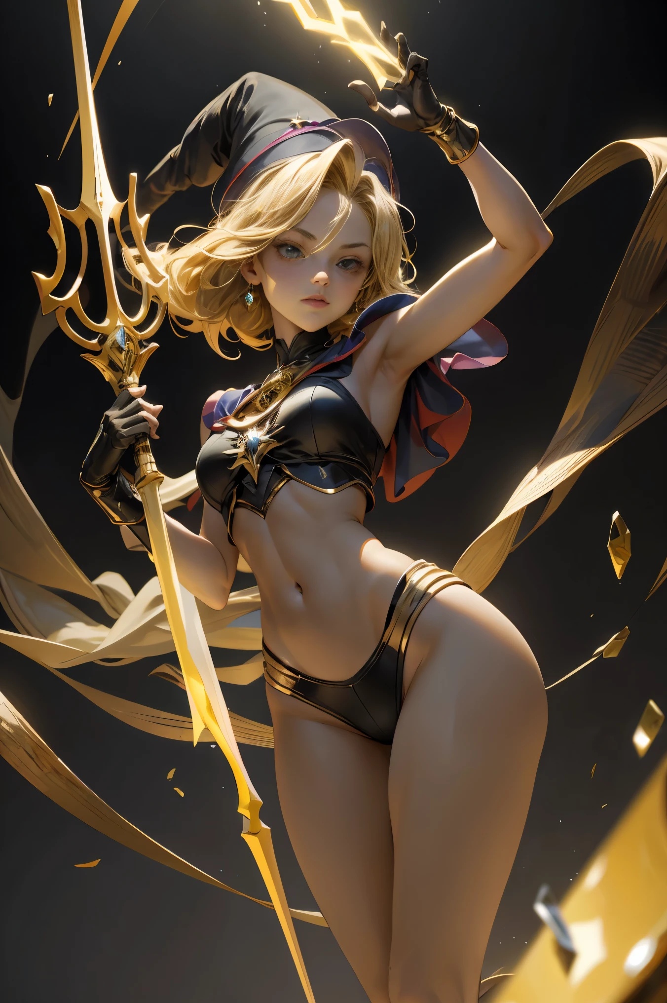 (8k,fotorrealista Raw photography highest qualityr;1.4) (1chica en) super beauty (cara realista) cuerpo femenino (Rubia de rizos largos) Hold a black and red magic wand Escena de combate Magic hat with black and gold exterior Beautiful expression Deslumbramiento (Piel de aspecto real) (Giles magos oscuros) Tentador Super high resolution Un hiperrealista Alto detalle foto de cuerpo completo restos