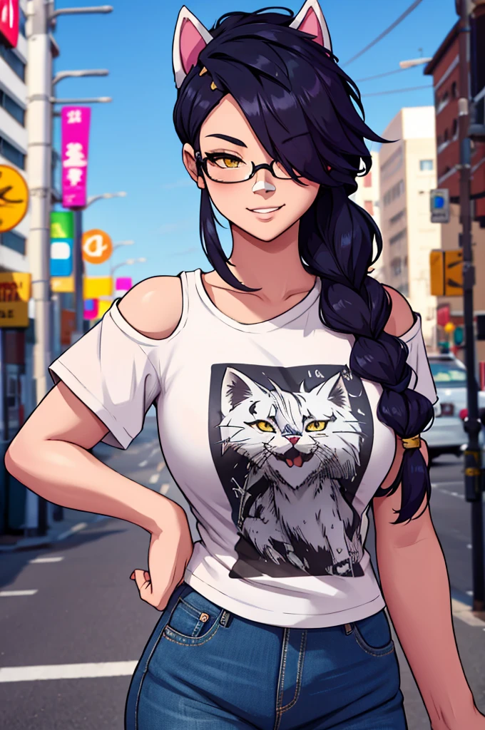 Erisa, 1girl, solo, long hair, looking at viewer, black hair, bandaid on face, yellow eyes, animal ears, smile, bandaid on nose, braid, cat ears, bandaid, bangs, breasts, fake animal ears, simple background, fang, bare shoulders, scar, teeth, shirt, tight shirt, bare shoulders, black shirt, short sleeves, closed mouth, t-shirt, hair over one eye, night city view, portrait, hair over shoulder, shorts, skin tight shirt, tight shorts, butt, wet shirt, legs, glasses, seductive, realistic, best quality, masterpiece, ultra detail, ultra high res, extreme detail, 8k