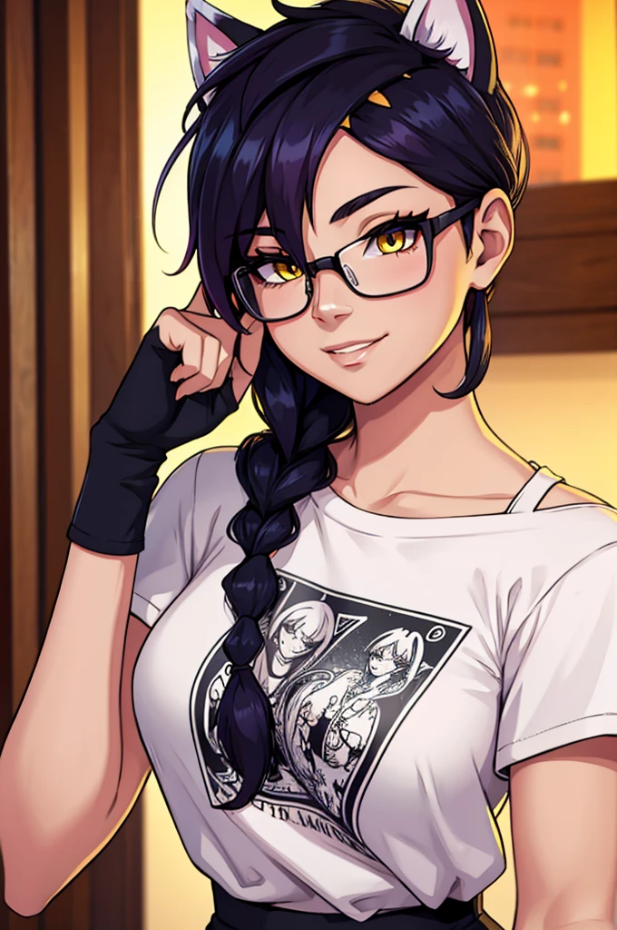 (best quality,4k,8k,highres,masterpiece:1.2),ultra-detailed,(realistic,photorealistic,photo-realistic:1.37),portraits,sexy,cute,beautiful face,intense gaze,smiling blush,black hair,ponytail,glasses,purple knitted off shoulder sweater,bare shoulders,black pants,lying on bed,head on pillow,facing up,medium chest,cleavage,perfect body