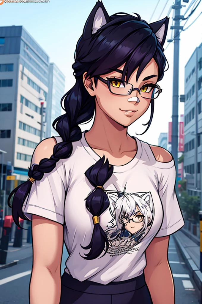 Erisa, 1girl, solo, long hair, looking at viewer, black hair, bandaid on face, yellow eyes, animal ears, smile, bandaid on nose, braid, cat ears, bandaid, bangs, breasts, fake animal ears, simple background, fang, bare shoulders, scar, teeth, shirt, tight shirt, bare shoulders, white shirt, short sleeves, closed mouth, t-shirt, hair over one eye, night city view, portrait, hair over shoulder, shorts, skin tight shirt, glasses, seductive, realistic, best quality, masterpiece, ultra detail, ultra high res, extreme detail, 8k