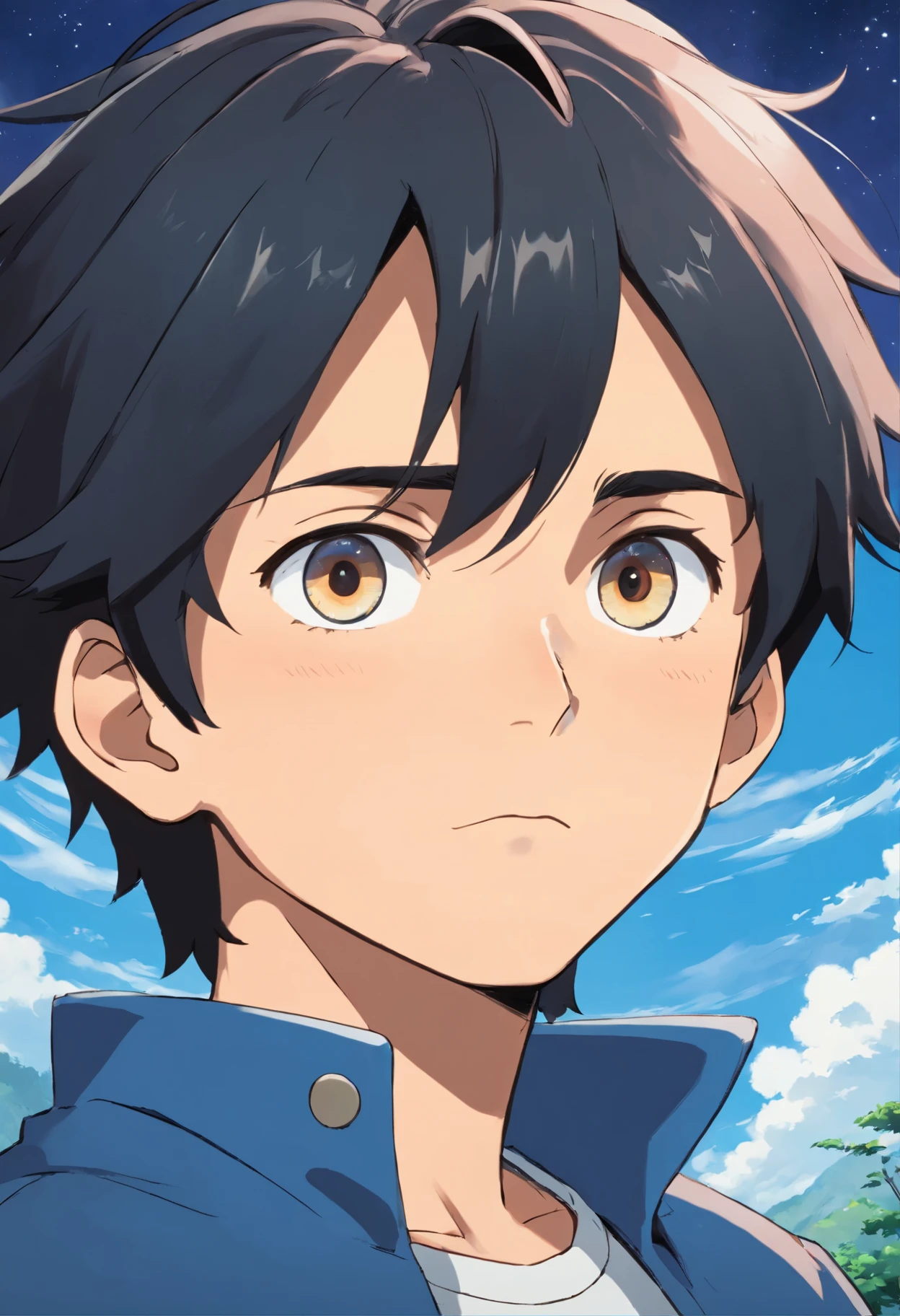 Estilo anime. maduro.cabelo preto. Olhos azuis. Fundo branco