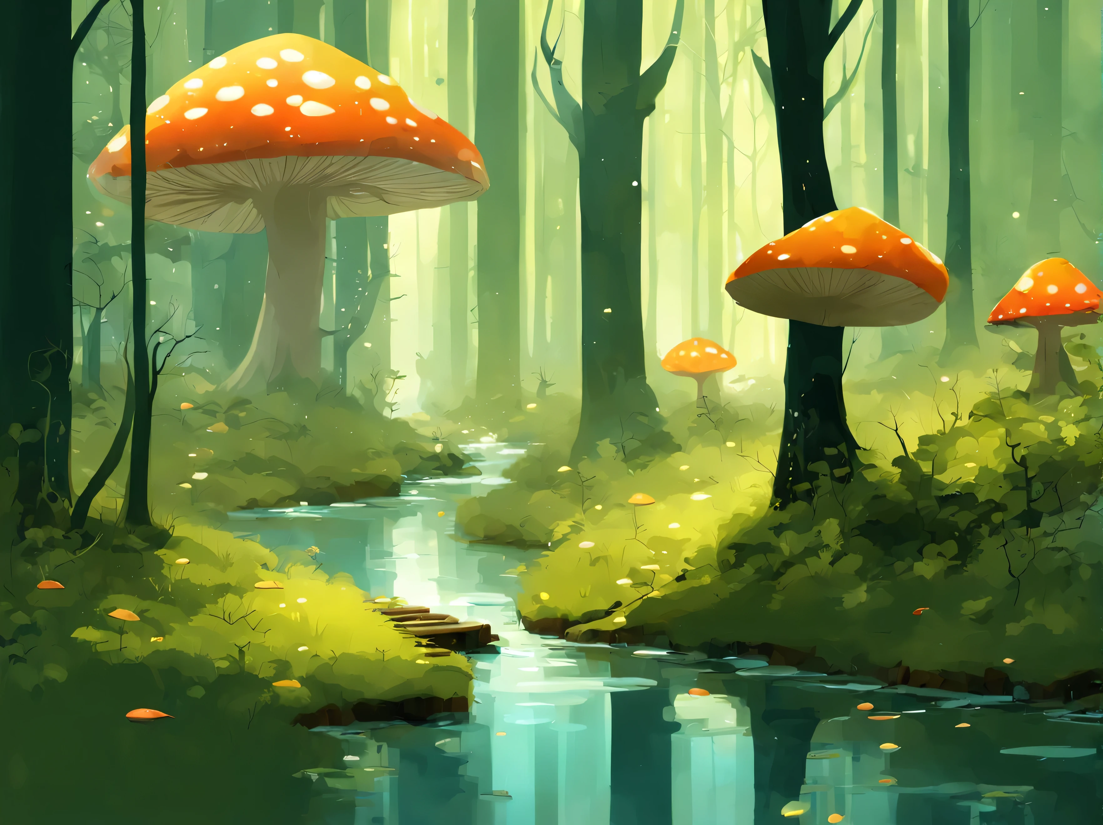 Pascal Campion Style - A fantasy forest scene,trees,mushroom,woods,grass,river