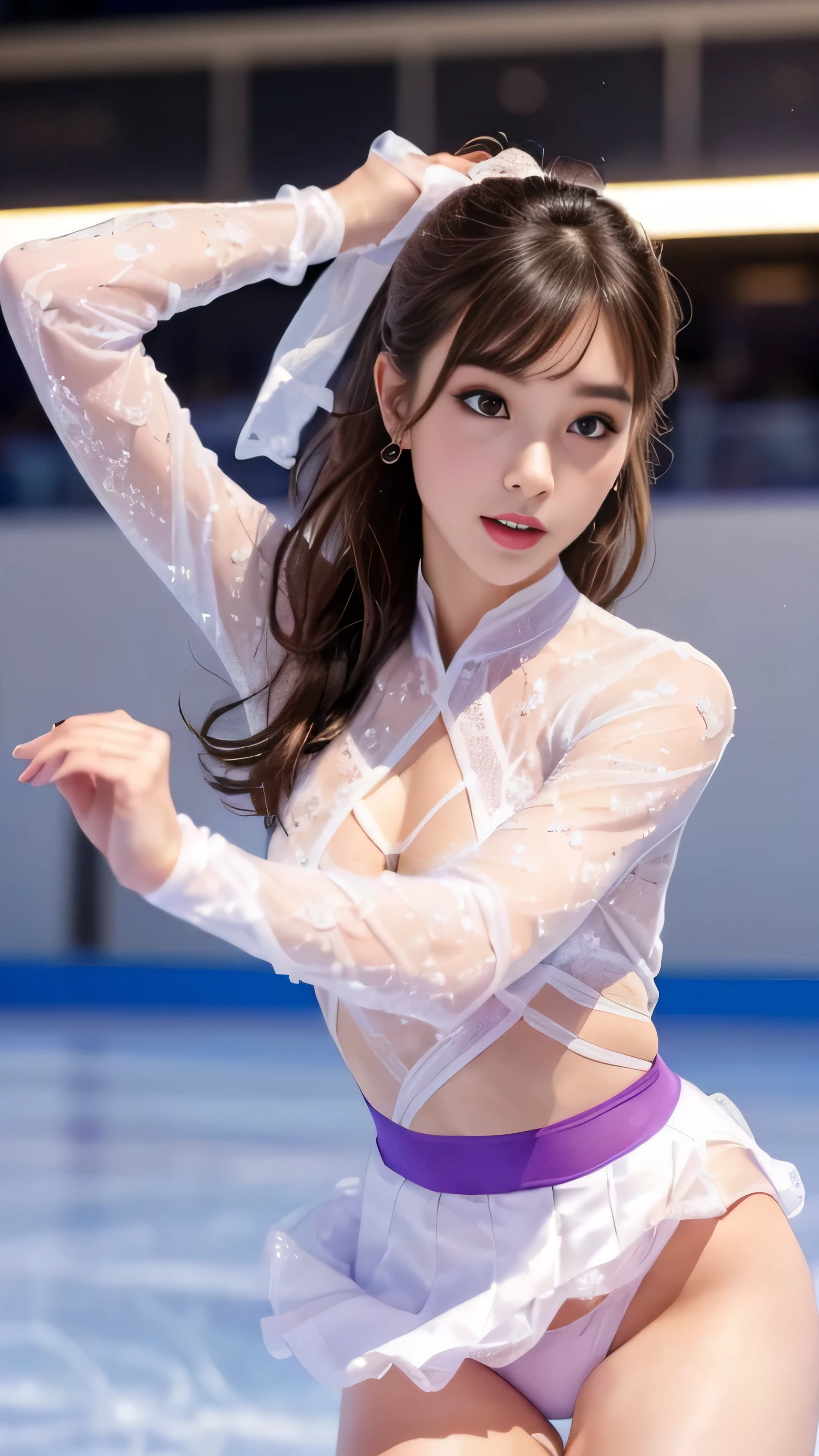 1 female、(super beautiful)、(beautiful face:1.6)、(detailed face:1.5)、(fine eyes:1.1)、(detailed lips:1.1)、(detailed nose:1.1)、(brown hair)、(Doing figure skating)、(she'He's the only one skating at the rink.:1.2)、(anatomically correct movements:1.3)、(Purple costume)、(White panties under the skirt:1.2)、(Clothes:1.5)、(skating rink with spectators)、(At SFW:1.5)