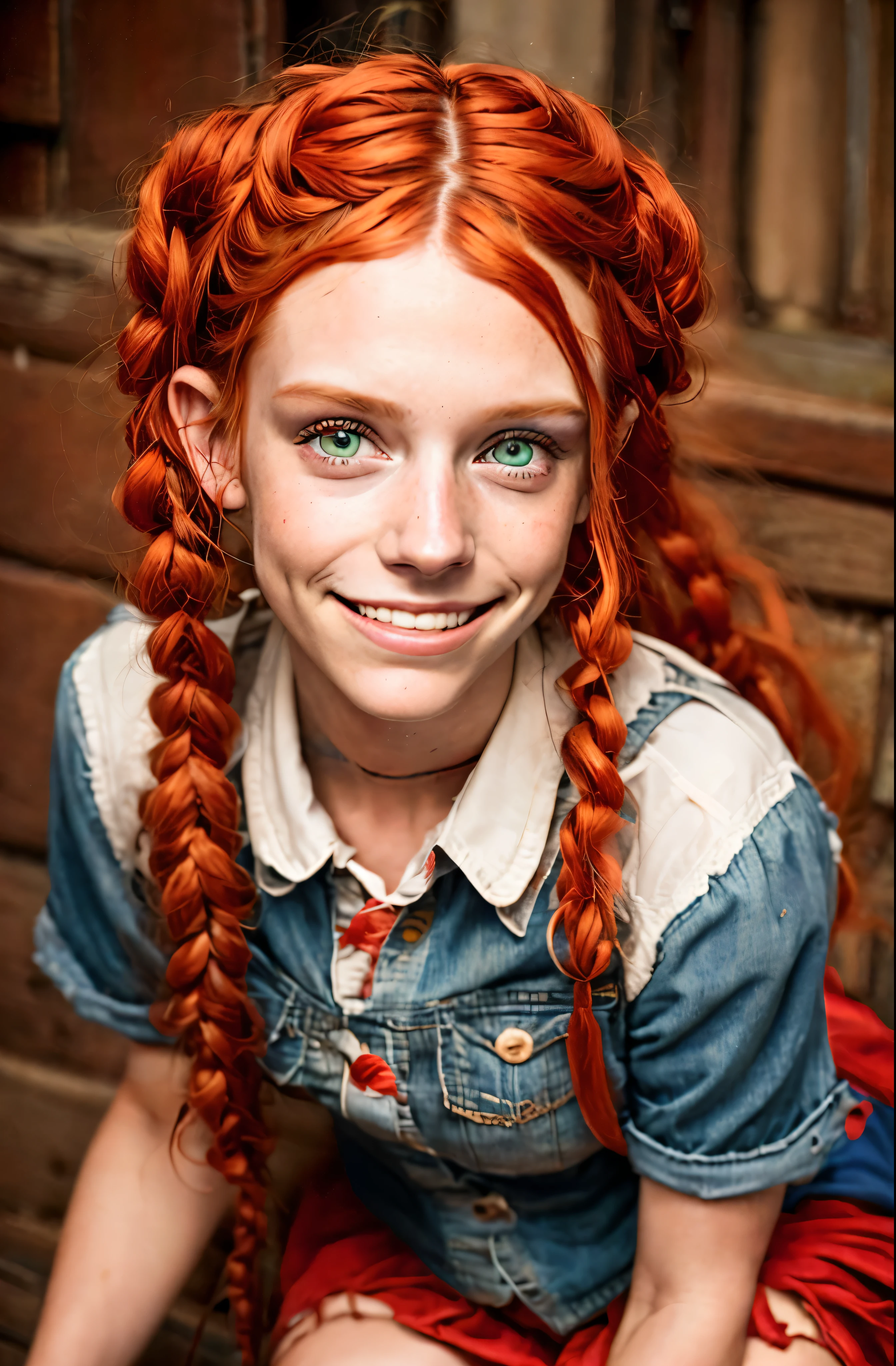 Ultra detailed image of 18 years old Pippi Longstocking, mischievous eyes, long red messy and braided hair, sexy, sloppy look, short skirt, in dinamic, smiling, vivid colors, intricate details of her beautiful eyes and perfect face, rim light.