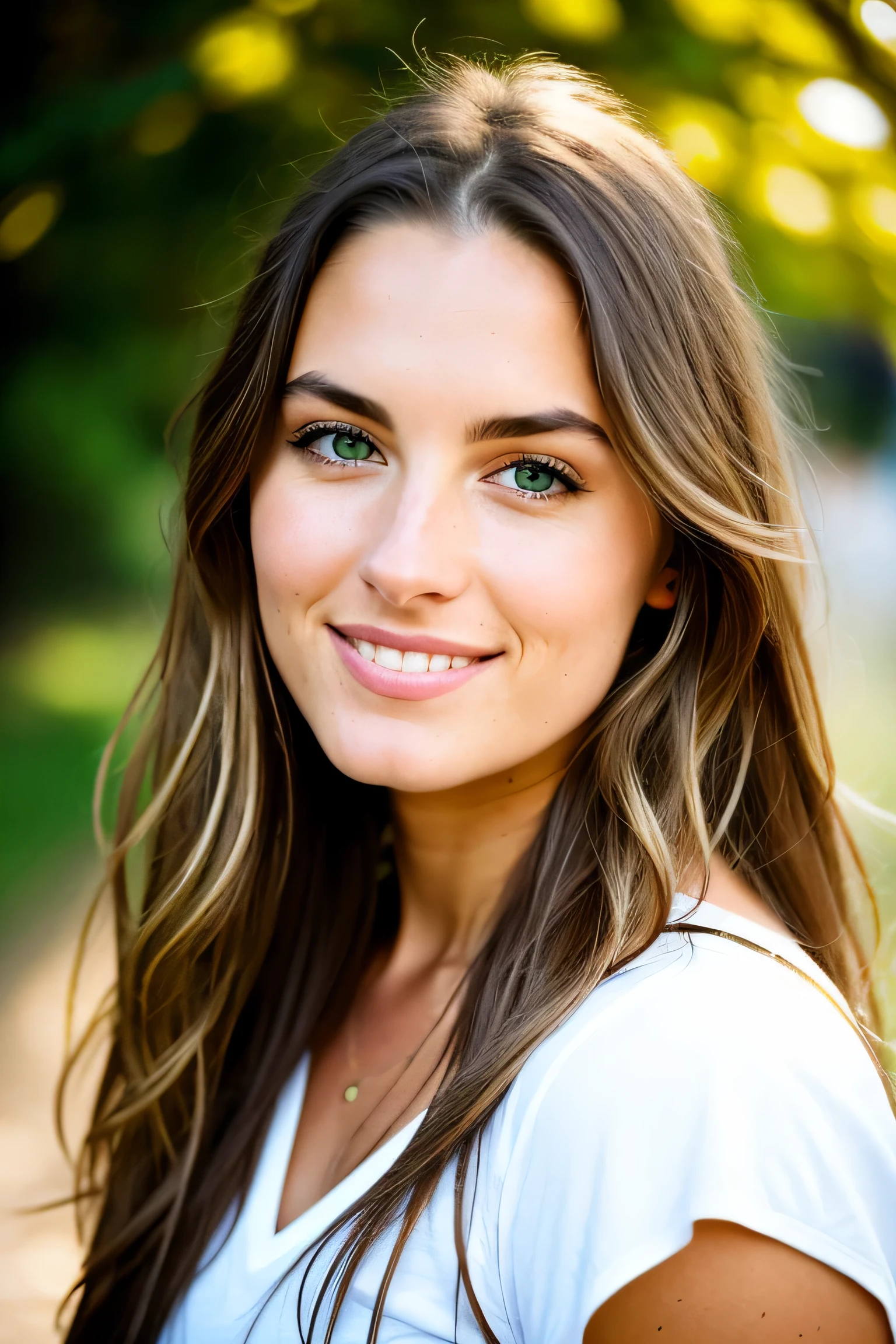 A photorealistic portrait of a 25 year old European girl with long, loose brown hair and green eyes. Ella debe tener un natural, accessible expression and be illuminated by soft, Luz solar de la hora dorada. The background should be a scenic outdoor setting, tal vez un parque iluminado por el sol o una playa. Capture this image with a high-resolution photograph using an 85mm lens for a flattering perspective