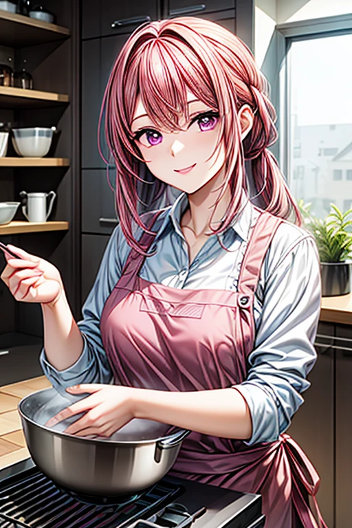 A pink haired woman with violet eyes is smiling in a kitchen while cooking