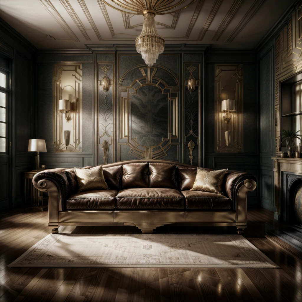 hight resolution, wide angle, eye level view, overhead shot, photorealisic ,8k, ultra detailed, hd, large hall in a mansion, modern up-to-date interior,  a big couch on the right side and one more couch in the back, ((art deco style))