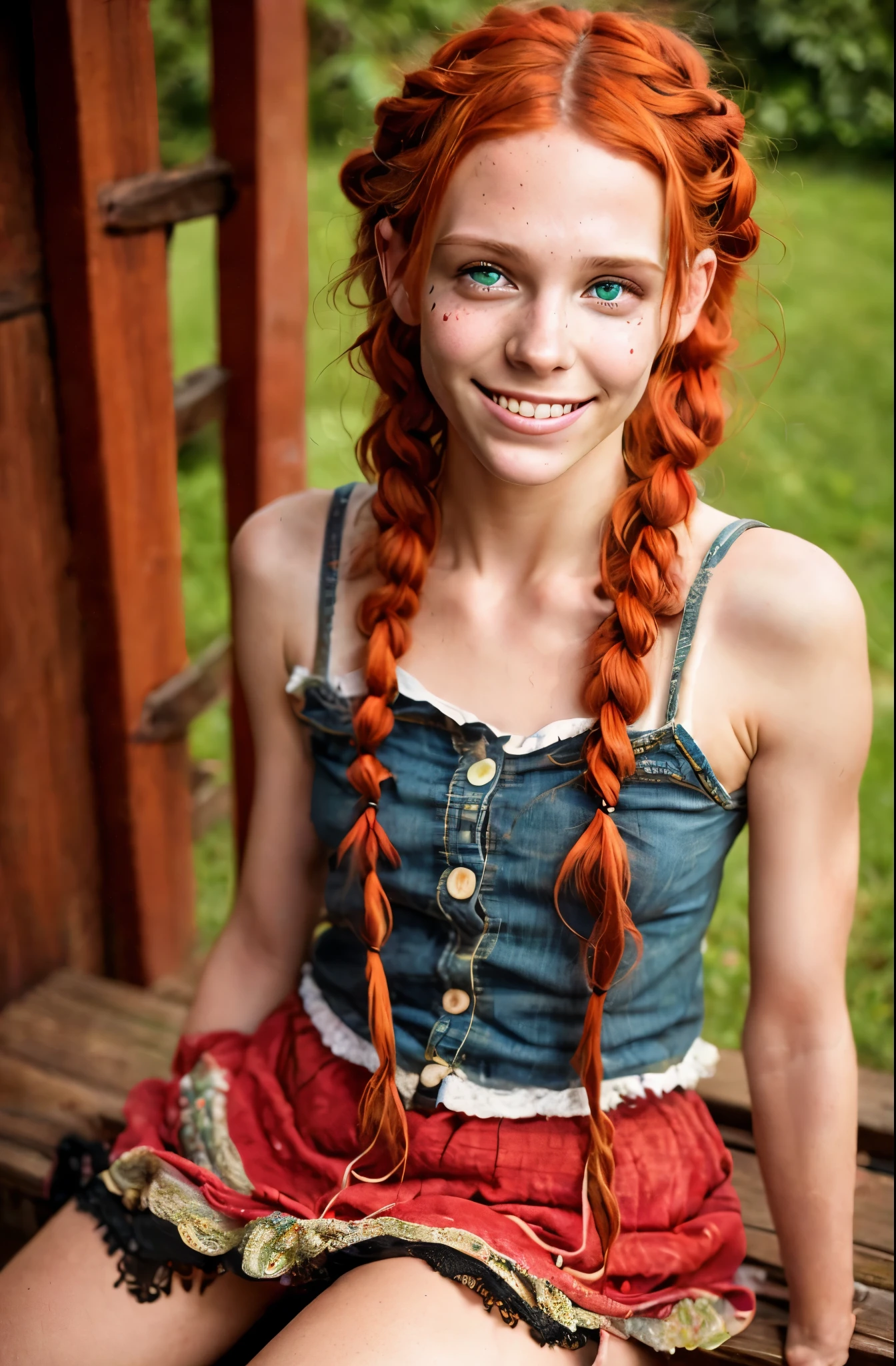 Ultra real photo of 18 years old Pippi Longstocking, mischievous eyes, long red messy and braided hair, sexy, sloppy look, short skirt, in dinamic, smiling, vivid colors, intricate details of her beautiful eyes and perfect face.