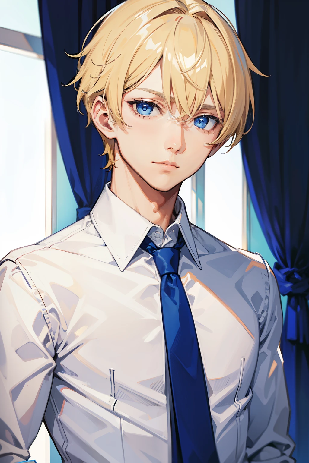 1man, short blonde hair, blue eyes, white collared shirt, blue tie, adult