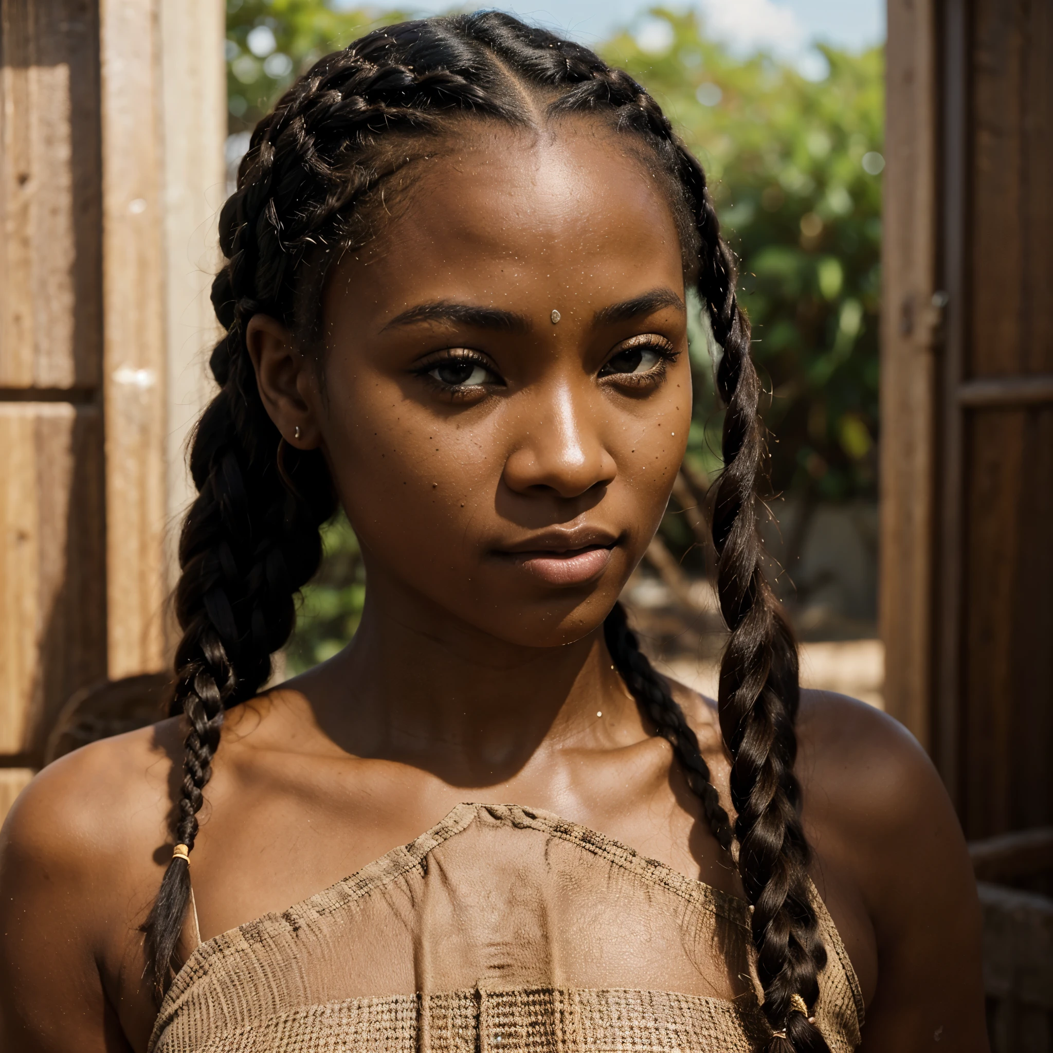  Masterpiece, african, 30yo, ((black woman)), brown skinned, braided hair, cornrows, beautiful, sweet skin, brown eyes, face, dreamy look. Focused, posterity, portrait, 8k, film grain, uHD, HDr, 35 mm.