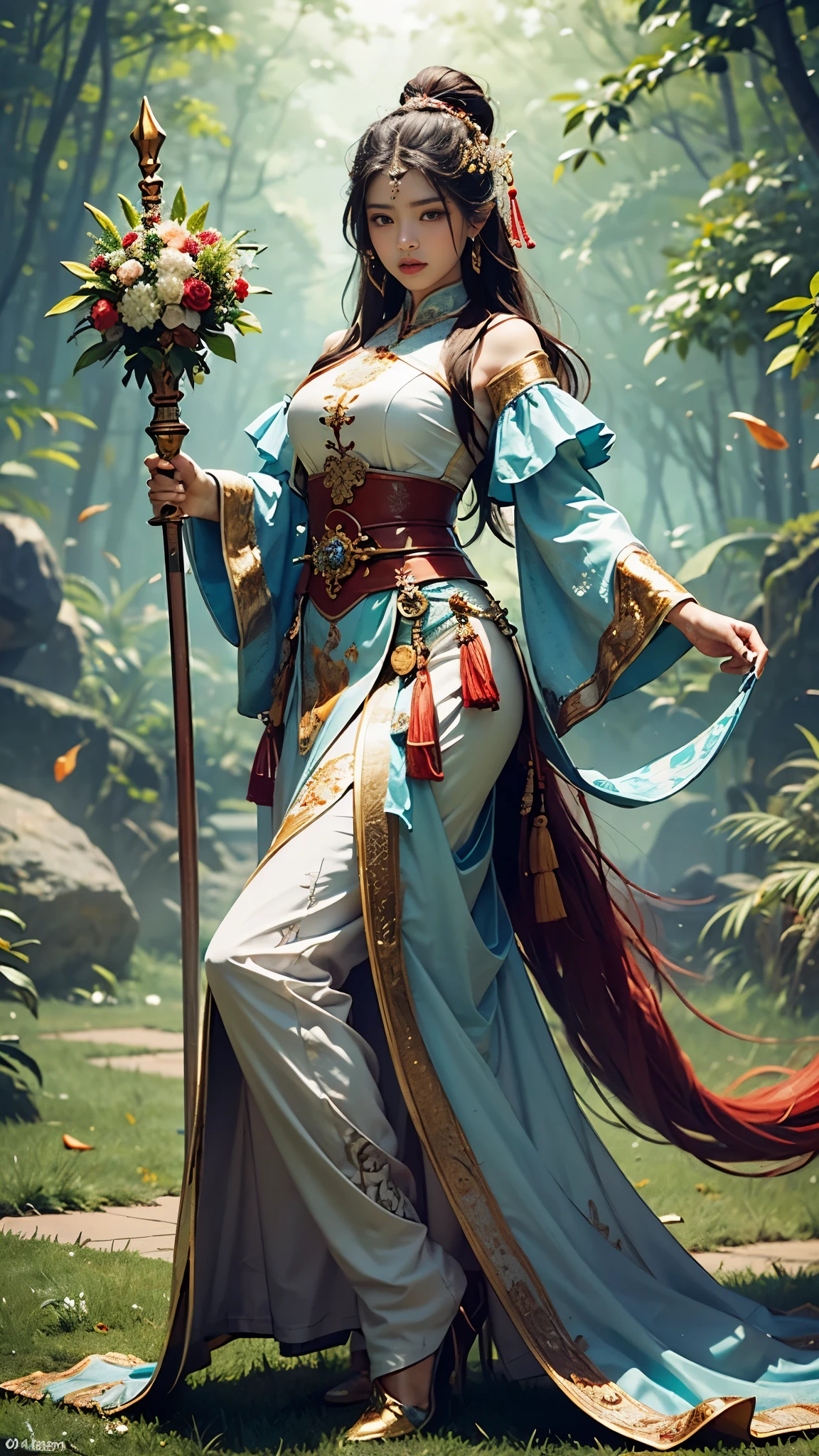 Official Art, Unified 8k Wallpapers, Ultra Detailed, Beautiful Beauty, Beautiful, Masterpiece, Best Quality, a Chinese warrior woman wielding a staff, full body portrait, traditional dress in shades of green, in a battle pose, swirl of leaves around. her b, (Flower Ecstasy: 1.2) front view, Most Beautiful Chaotic Forms, Elegance, Fauvist Design, Bright Colors, Romanticism