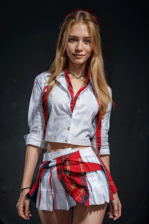 Best quality,Ultra-detailed,finedetail,A high resolution,8K,((Photorealsitic:1.4,RAW photography,A high resolution,Top image quality:1.4)), Best quality、 ultra - detailed、A high resolution、8K wallpapers、Perfect dynamic composition, blonde hair, woman, 16 years old, tiny breasts, skinny arms, slim body, skinny girl, skinny hips, freckles, narrow torso, slim torso, Beautiful detailed eyes、 Blue blazer, (Student clothes), (white shirt), (red necktie), ((red plaid school skirt:1.5)), a beauty girl,(High school students), blond hair, (The blonde), Cover your left eye with your hair, smile,sitted,Full body like,stocklings