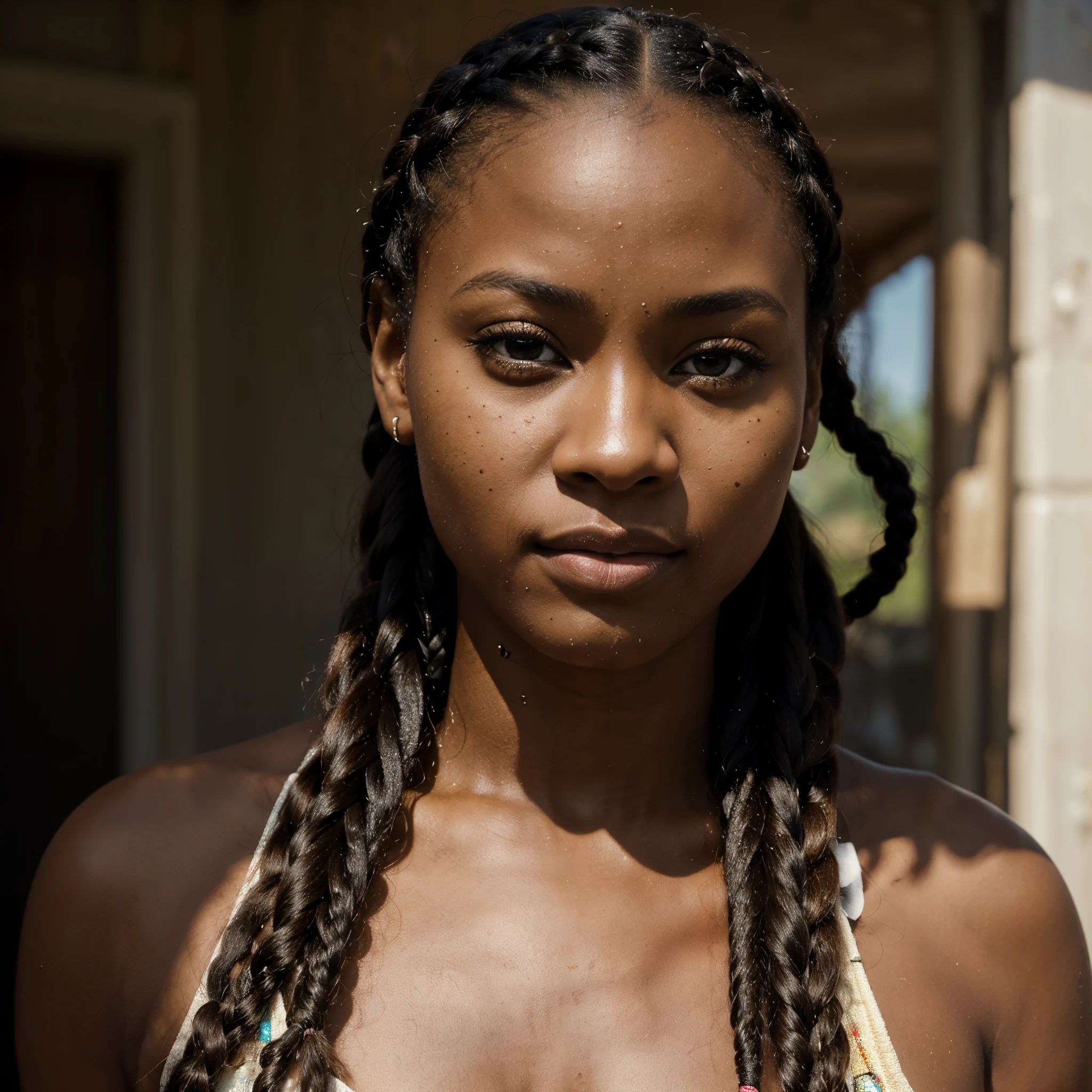  Masterpiece, african, 30yo, ((black woman)), brown skinned, braided hair, cornrows, beautiful, sweet skin, brown eyes, face, dreamy look. Focused, posterity, portrait, 8k, film grain, uHD, HDr, 35 mm.