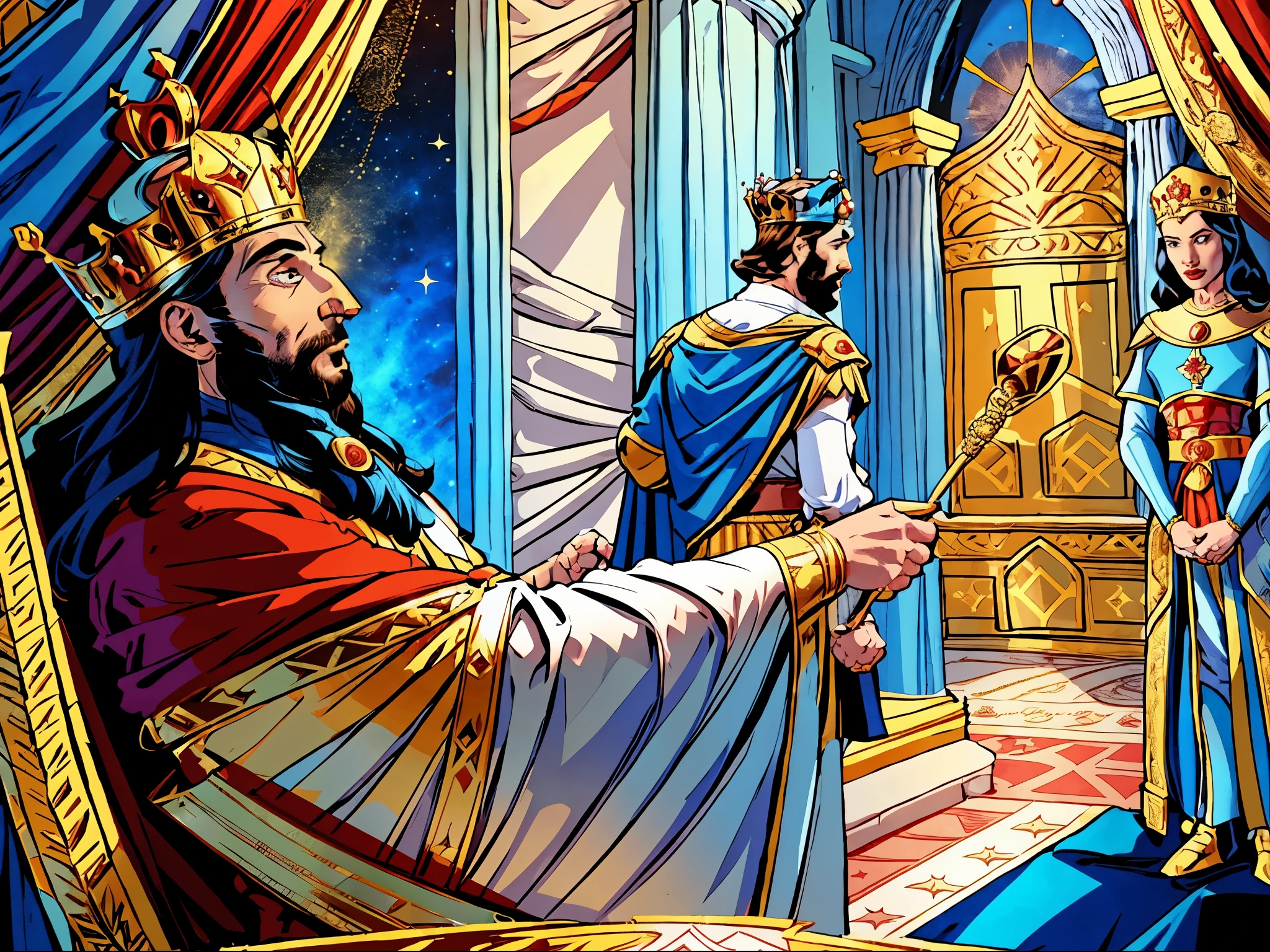 a cartoon of a man and woman in a room with a king and queen, granting him a noble title, celebrating a king being crowned, bible illustration, queen and ruler of the universe, medieval old king, animated film still, in a throne room, wearing a king's cape, king of kings, animation film still, royal family during an argument