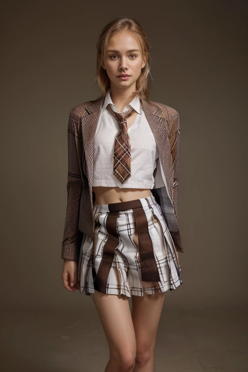 Best quality,Ultra-detailed,finedetail,A high resolution,8K,((Photorealsitic:1.4,RAW photography,A high resolution,Top image quality:1.4)), Best quality、 ultra - detailed、A high resolution、8K wallpapers、Perfect dynamic composition, blonde hair, woman, , tiny breasts, skinny arms, slim body, skinny girl, skinny hips, freckles, narrow torso, slim torso, Beautiful detailed eyes、 Blue blazer, (Student clothes), (white shirt), white panties, (red necktie), ((Brown plaid school skirt:1.5)),1girl in, a beauty girl,(High school students), blond hair, (The blonde), short cut, Cover your left eye with your hair, smile,sitted,Full body like,stocklings