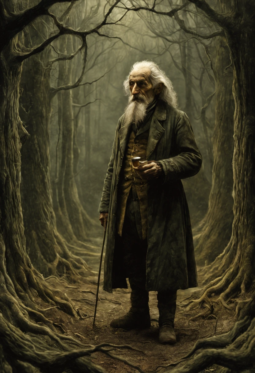 elderly Voltaire in the style of Ralph Blakelock, Ed Emshwiller, Marianne Wroten, Arthur Rackham + concept art. Very beautiful, gouache, cinematic. Jean-Baptiste Monge, ultra-stunning lighting, dark, creepy, mysterious, modern vintage.
