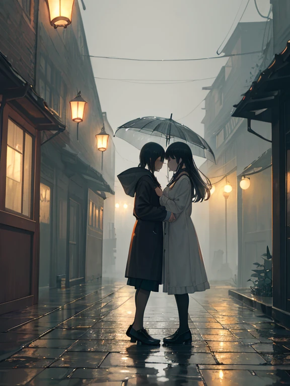 hazy streetlights, wet cobblestones, city, shimmering reflections, misty atmosphere, warm glow of windows, umbrellas, puddles, dripping trees, distant thunder, glowing lanterns, flickering candles, people huddled under awnings, rain, serene ambiance, dusky sky, quiet solitude, damp air, drizzling rain, rustic charm, hidden corners, mystery in the darkness, peaceful serenade of raindrops, nostalgic vibes, soft colors, gentle breeze, damp earthy scent, hidden footsteps, ethereal beauty, dance of shadows, romantic rendezvous.