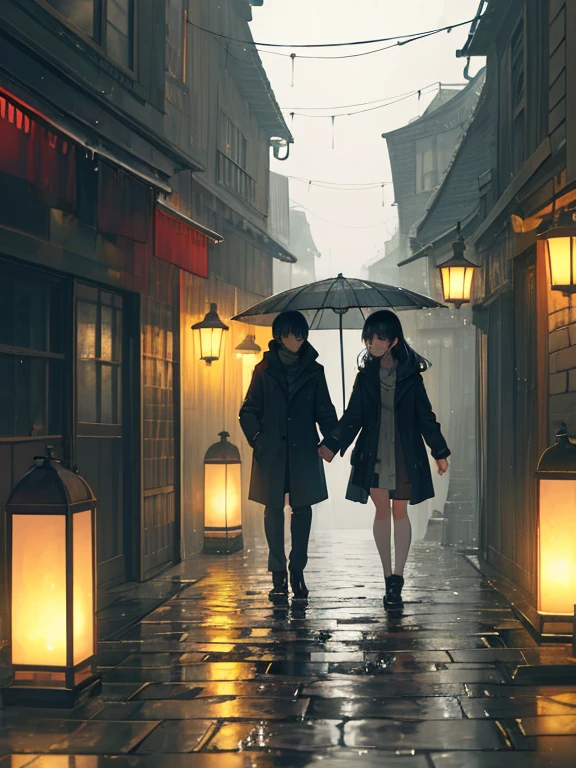 hazy streetlights, wet cobblestones, city, shimmering reflections, misty atmosphere, warm glow of windows, umbrellas, puddles, dripping trees, distant thunder, glowing lanterns, flickering candles, people huddled under awnings, rain, serene ambiance, dusky sky, quiet solitude, damp air, drizzling rain, rustic charm, hidden corners, mystery in the darkness, peaceful serenade of raindrops, nostalgic vibes, soft colors, gentle breeze, damp earthy scent, hidden footsteps, ethereal beauty, dance of shadows, romantic rendezvous.
