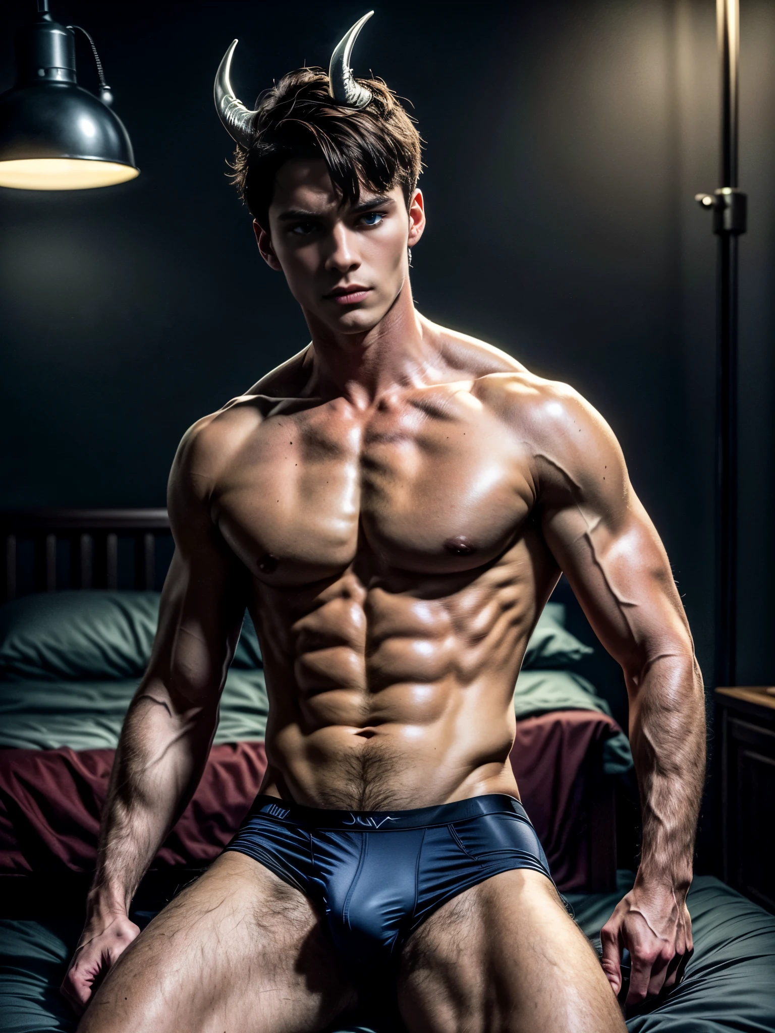 Photorealistic, ((best quality)), ((masterpiece)), (detailed), 1boy, 8k, high detailed, ultra-detailed, Stylish Pose, real skin texture, dark cinematic lighting, 18-year-old italian male model, handsome, tall, cute looking, evil look, dark look, powerful, (blue eyes:1.4), personification of the deadly sin of lust, deadly sin, (LUST:1.5), (black demon horns:1.3) sexy, hot male model, white pale skin, intense, (dry wavy short hair:1.3), (dry short brown messy hair, strong jawline, masculine, muscular, defined fit body, hairless chest, shirtless, pantless, barechested, topples, barelegged, barefoot, shirtless, topless, barechested, half naked, tight boxer-brief, tight underwear, short underwear, ,,,,, (night:1.5), nightime, dark night, on his knees, sinister aesthetic, huge room, big windows, magestic badroom, luxurious minimalistic modern bedroom, (dark background:1.2), dim light, dark atmosphere, cinematic lighting, Depth of field, award-winning photography, elegant, hyperrealistic, octane render, unreal, high definition, 8k resolution, highly detailed, 8k uhd, professional lighting, photon mapping, radiosity, physically-based rendering