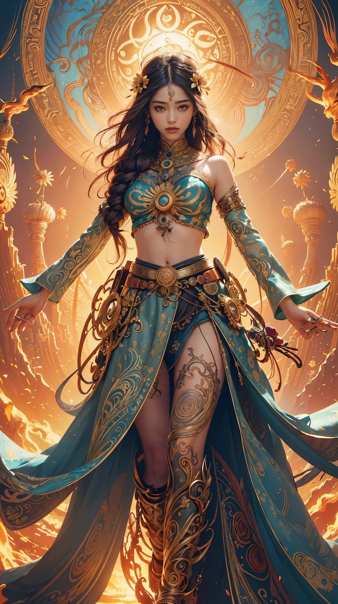 Official Art, Unified 8k Wallpapers, Ultra Detailed, Beautiful Beauty, Beautiful, Masterpiece, Best Quality, (Zentangle, Mandala, Tangled, Entangle), (Flower Ecstasy: 1.2) Dynamic Angle, Cowboy Shot, Most Beautiful Chaotic Forms, Elegance, Fauvist Design, Bright Colors, Romanticism, Atmosphere, Golden Crow, Sun God Bird, Bird on Fire, No Human