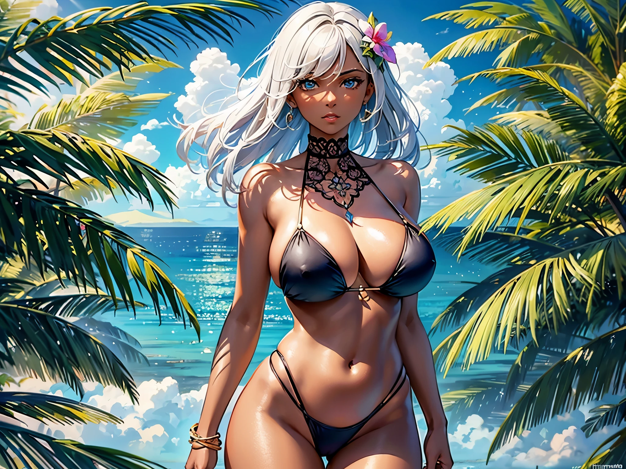 ((highest quality)),(ultra high resolution),(Super detailed),(detailed description),((best CG)),(best work of art),super precision art,great drawing art,(Art with precise details:1.5), (1 woman:1.5),beautiful and well-shaped face:1.5,(Beautiful dark skin rendered in precise detail:1.6),Sunburn mark:1.5,(Very precisely depicted bikini swimsuit:1.5),provocative angle:1.6, Delicate and detailed flowers:1.5, Tropical beaches:1.6,Wind blowing through:1.4,dazzling sun:1.6