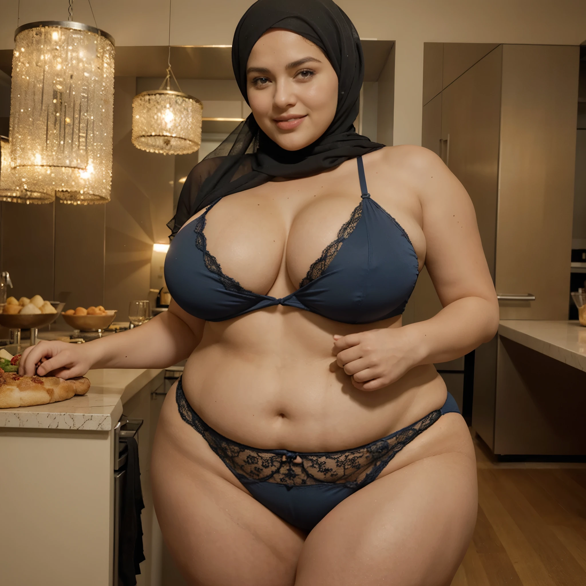 (fermer),BRUT, best quality, high resolution, chef-d'artwork: 1.3), bbw, Belle femme malaise en hijab,chef-d'artwork, perfectly fitted body, ((huge breast)), de grands yeux magnifiques, Sourire doux,beau visage,thick thighs, lingerie bleu, bbw