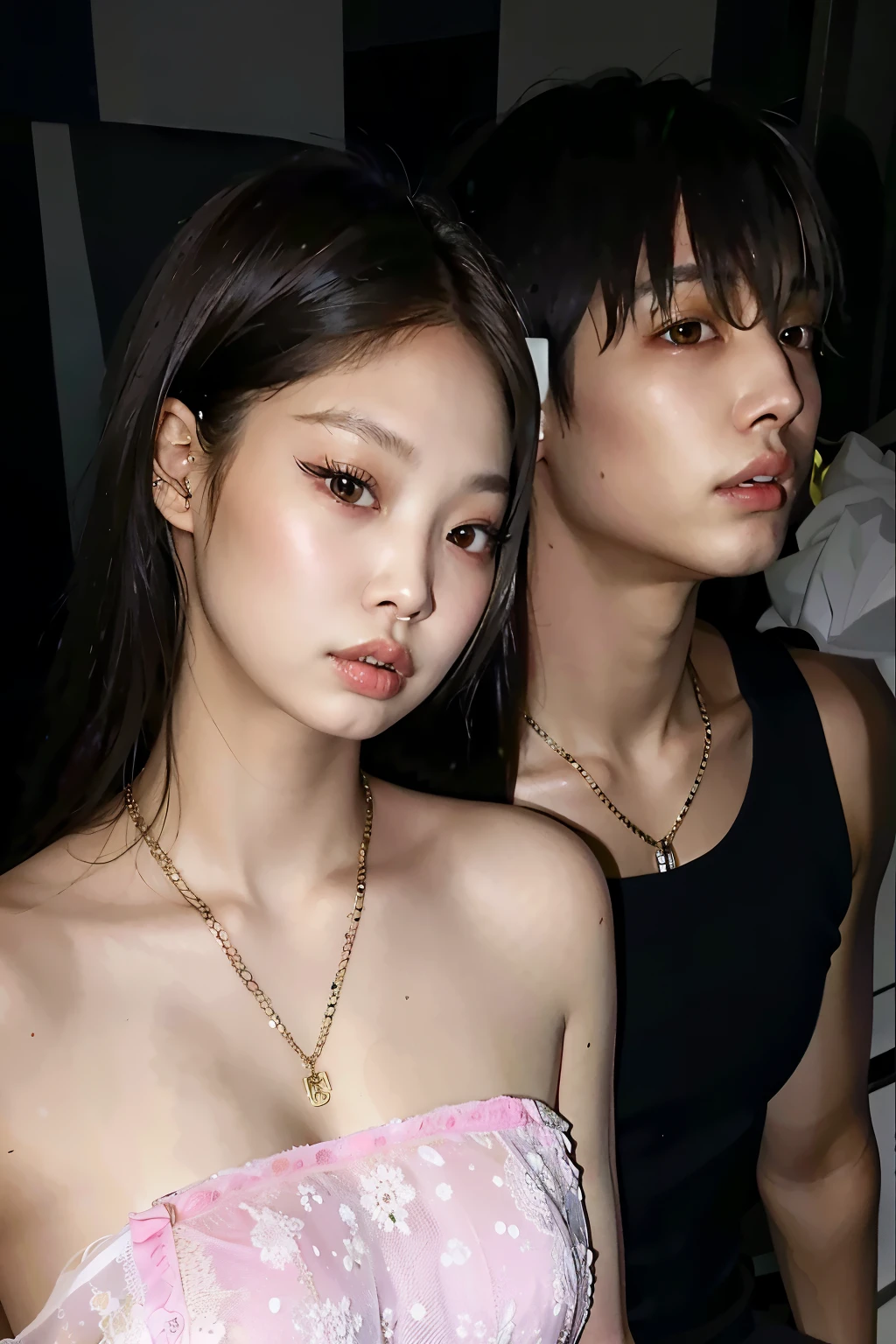 there are two people posing for a photo together, asian features, & Jennie Kim  & Jungkook, blackpink jennie, jeon jungkook, Kim Jennie e Jeon Jungkook, o corte Hime, linda jovem Jennie Kim, Jeon Jungkook, Clear, high-quality lips, Jungkook Jeon e Kim Jennie, penteado com corte hime branco