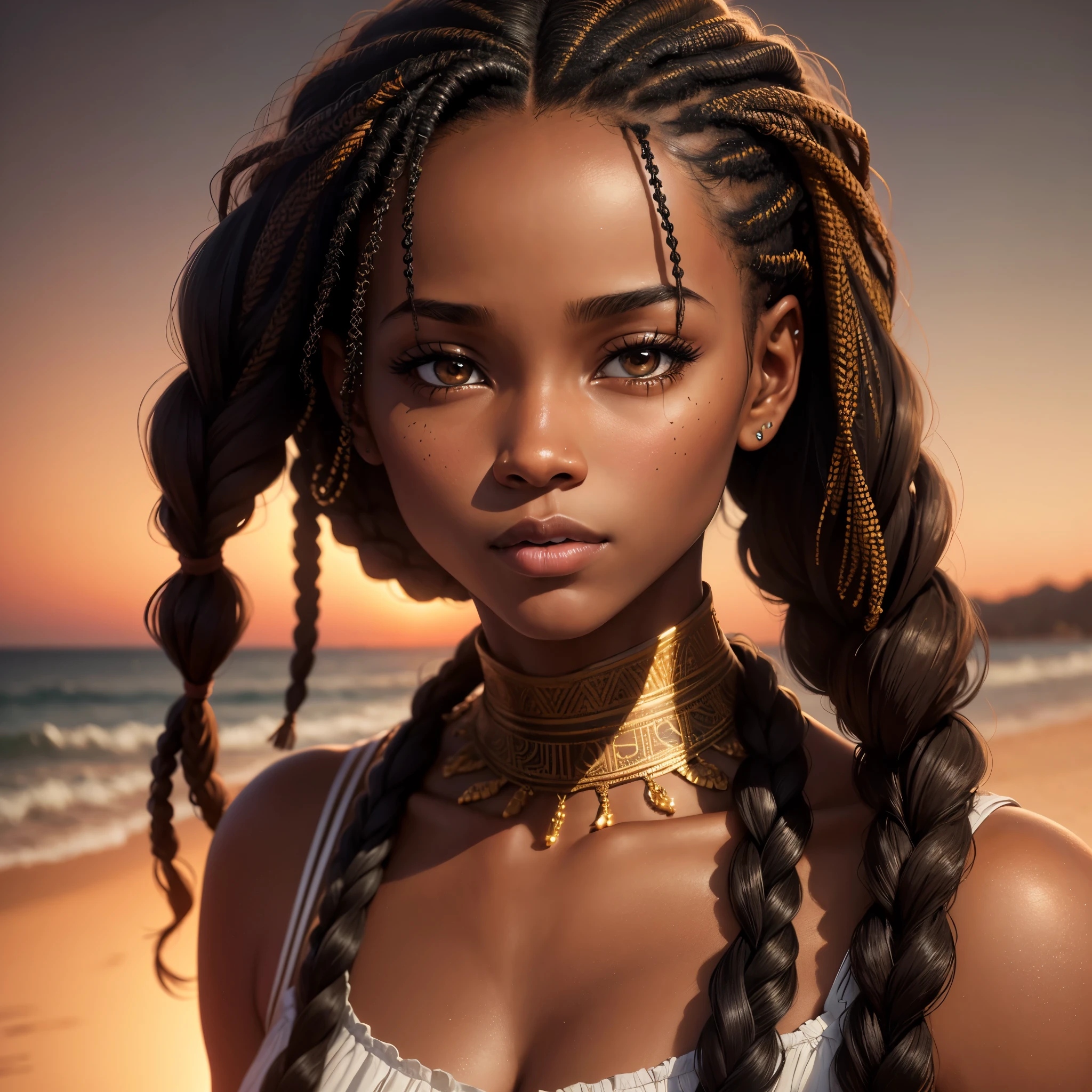  Masterpiece, african, 30yo, ((black woman)), brown skinned, braided hair, cornrows, beautiful, sweet skin, brown eyes, face, dreamy look. Focused, posterity, portrait, 8k, film grain, uHD, HDr, 35 mm.