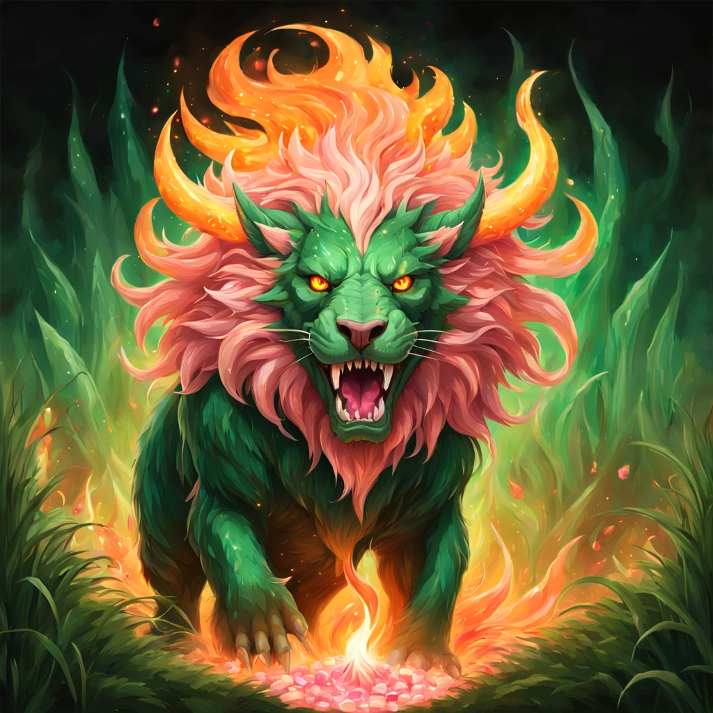 A behemoth with peach-orange fur and solid white eyes with a mane of flames and covered in green grass with pink gems and holding a torch in jaws, background swirl of fire, in orphism art style