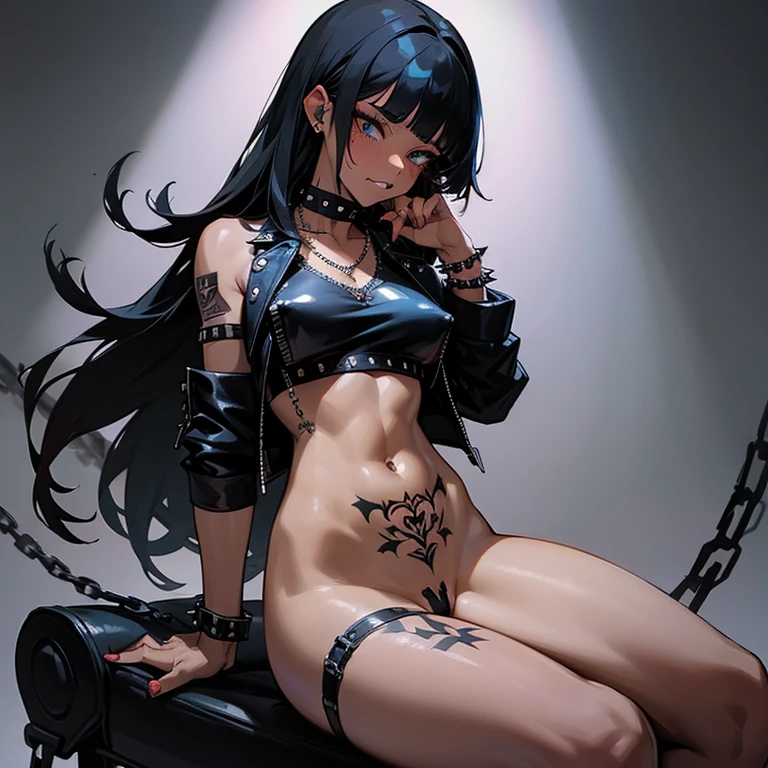 black hair, long hair, blunt bangs, studded choker, heavily tattooed, leather jacket, torn clothes, medium breasts, embarrassed, spiked bracelet, chain necklace, black crop top, dark skin, mature female, ((NSFW)), hand between legs, fingering, masturbation, female masturbation, black lipstick, black eyeshadow, breast rings, ass tattoo,