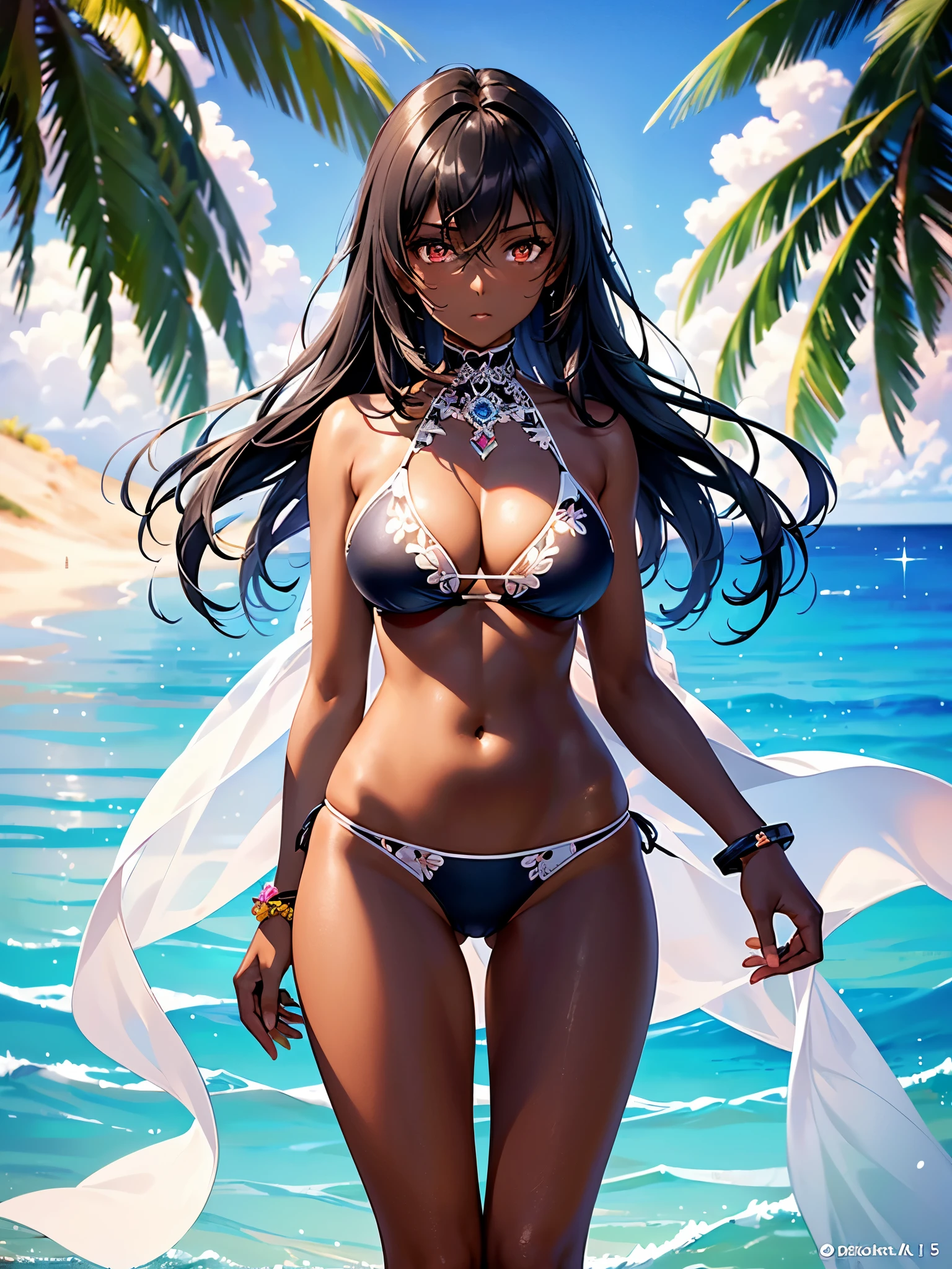 ((highest quality)),(ultra high resolution),(Super detailed),(detailed description),((best CG)),(best work of art),super precision art,great drawing art,(Art with precise details:1.5), (1 woman:1.5),beautiful and well-shaped face:1.5,(Beautiful dark skin rendered in precise detail:1.6),Sunburn mark:1.5,(Very precisely depicted bikini swimsuit:1.5),provocative angle:1.6, Delicate and detailed flowers:1.5, Tropical beaches:1.6,Wind blowing through:1.4,dazzling sun:1.6