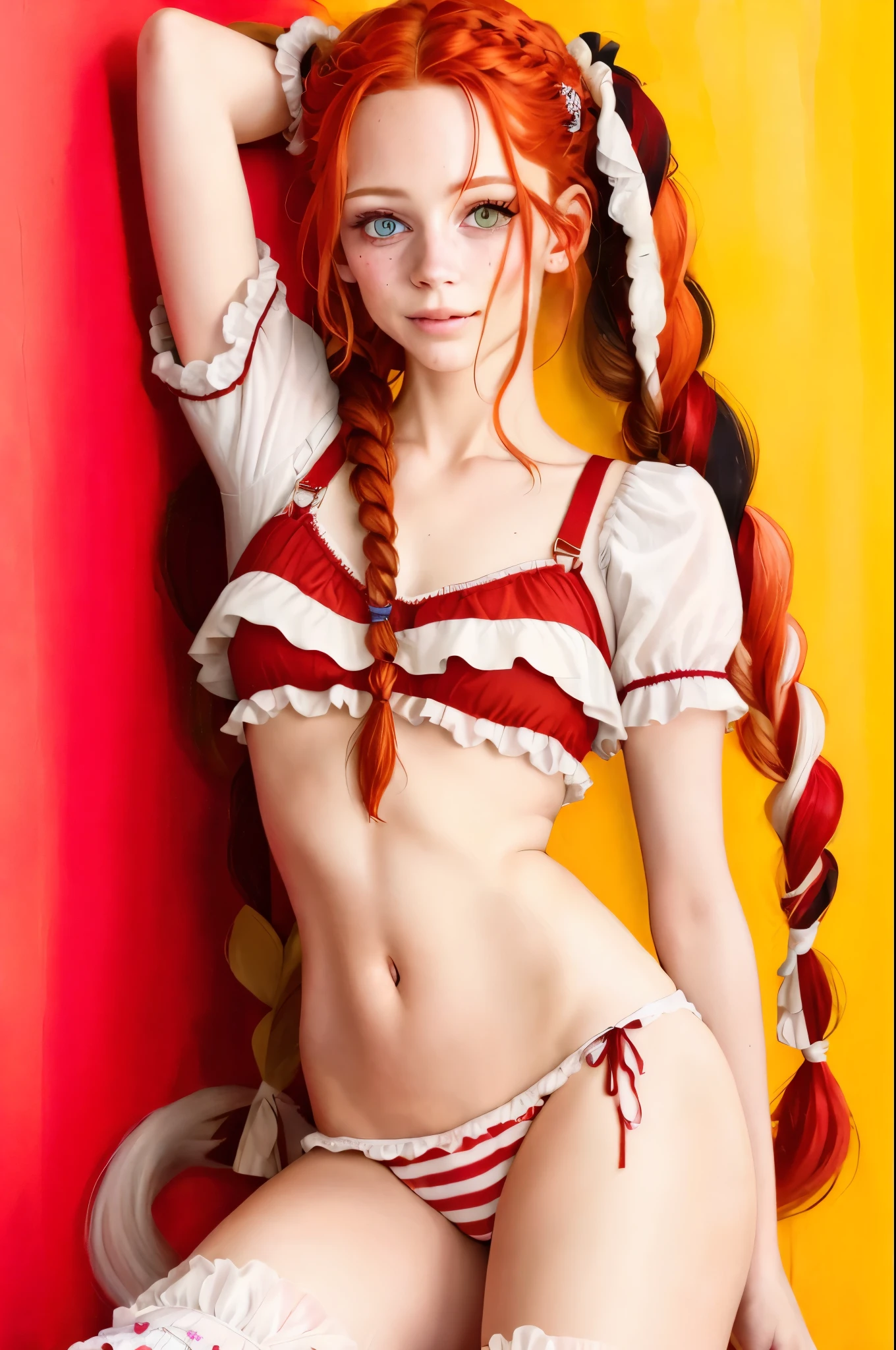 Ultra real photo of 18 years old Pippi Longstocking, mischievous eyes, long red messy and braided hair, sexy, sloppy look, short skirt, in dinamic, smiling, vivid colors, intricate details of her beautiful eyes and perfect face.
