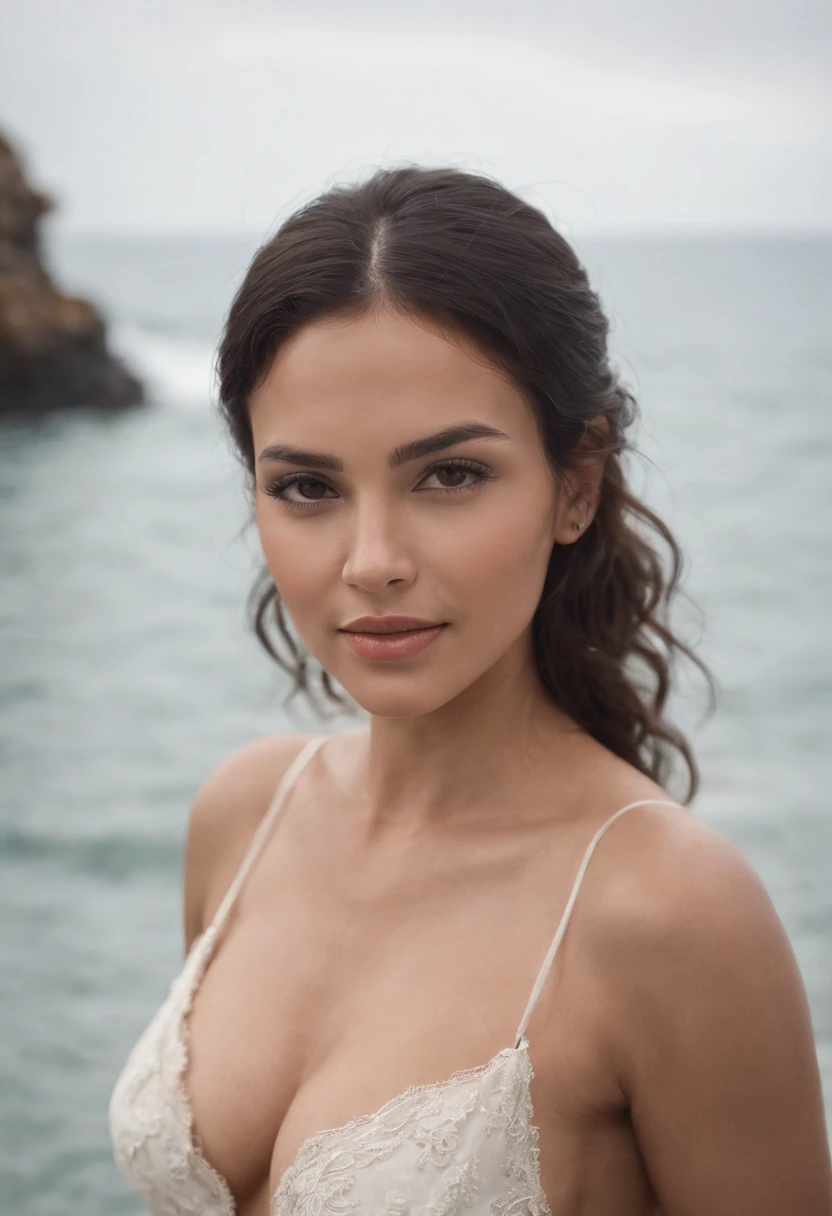 Day scene, close up photo of a sexy latina close uo view, bathing in a ocean,naked, soaked in water, big cheeks, deep cleavage, wet hair, necklace, erotic face, 34 yo, look at viewer and seductive smile, (cinematic:1.3), intricate details, (ArtStation:1.2)