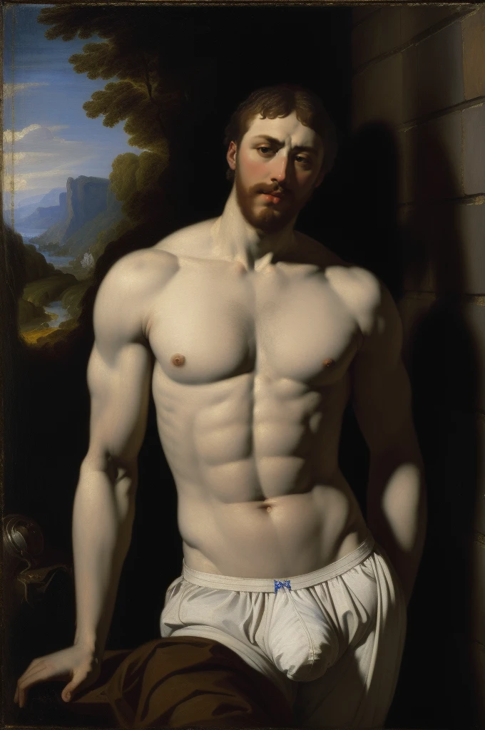 oils painting, style of Peter Paul Rubens, a humanoid male robot, mechanical parts, head, chest, abs, shirtless, white briefs, big bulge, ((landscape background)), classic art, neoclassic, regency era, perfect composition, canvas texture