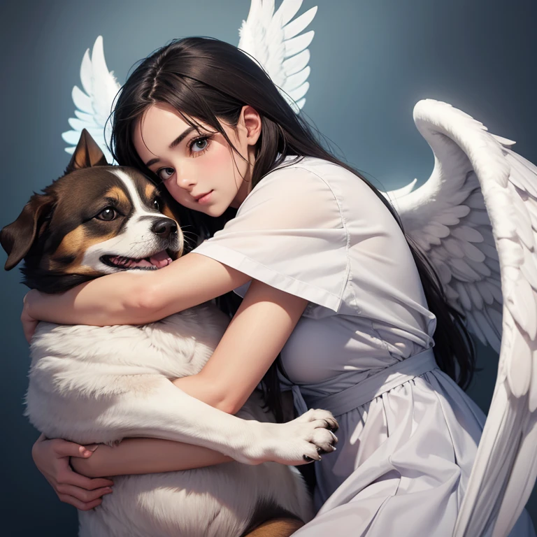 1 girl hugging a dog with angel wings 