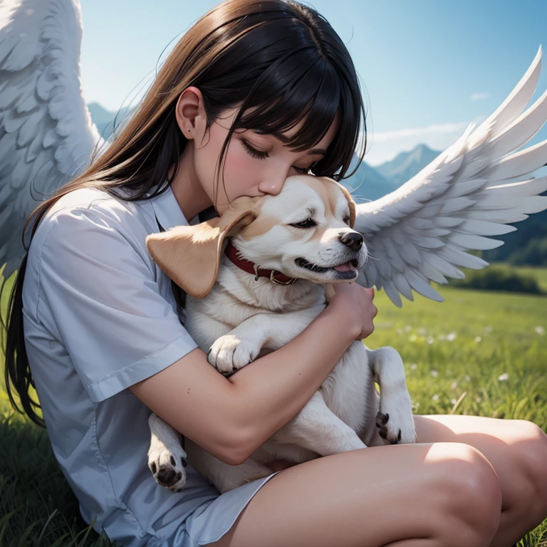 1 girl hugging a dog with angel wings