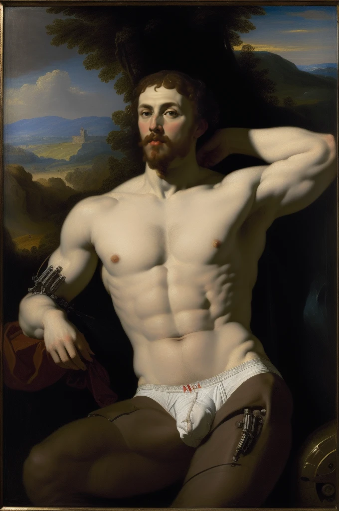 oils painting, style of Peter Paul Rubens, ((a humanoid male with mechanical parts)), chest, abs, shirtless, white briefs, big bulge, ((landscape background)), classic art, neoclassic, regency era, perfect composition, canvas texture