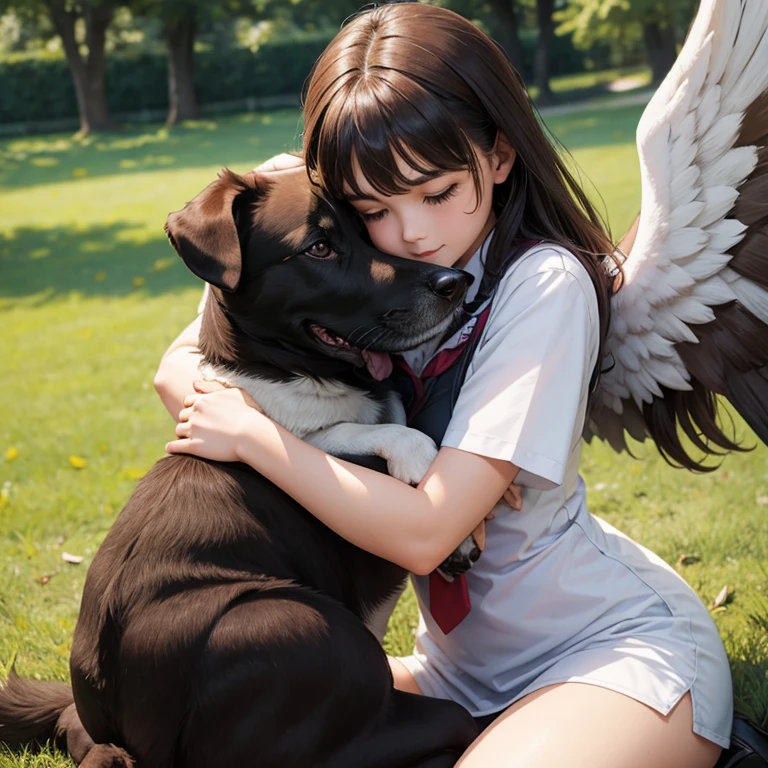 a girl hugging a dog with angle wings