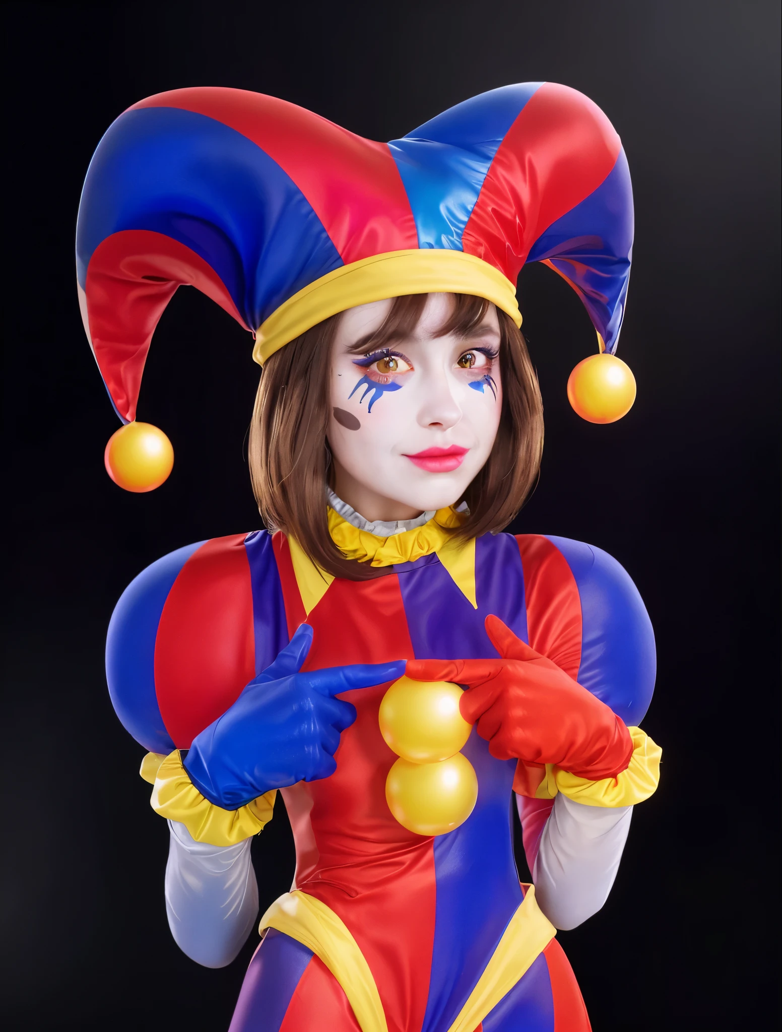 clown jester cute girl with glossy brown hair, clown girl,  jester,  glossy hair, spotlight, rim light, detailed fabric textures, glossy costume, reflective, best quality, 4k, masterpiece:1.2, ultra-detailed, realistic, vivid colors, dark and moody lighting, The image of the highest quality, ensuring every detail showcased perfectly. It in 4k resolution, allowing viewers to immerse themselves in the richness of the colors and intricate details. The realistic rendering. under the spotlight, reflecting, high-resolution image, realistic rendering, dark background, and rim light