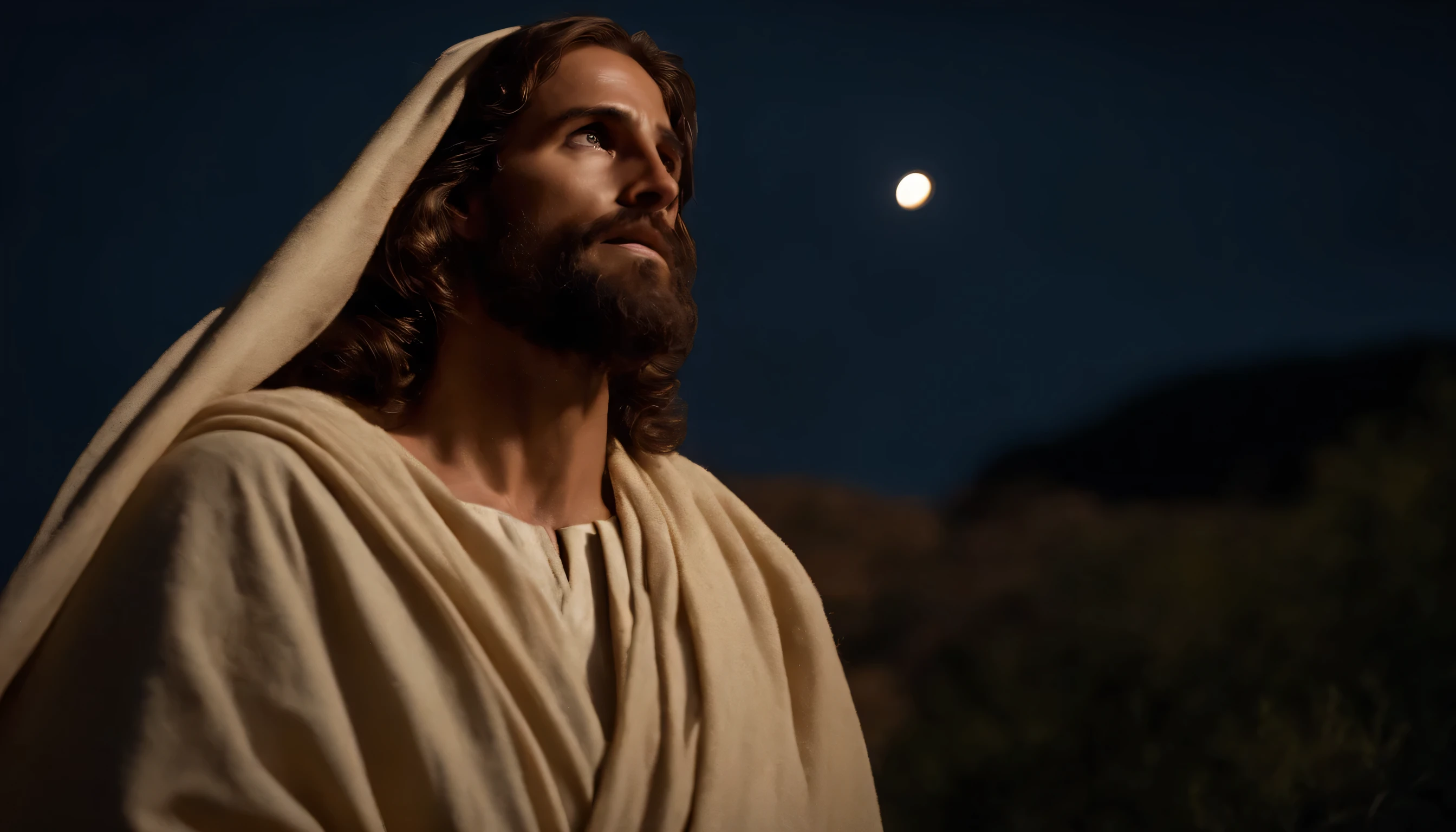 Jesus rezando no monte das oliveiras, Looking Up The Sky, noite, luz do luar.  Arte sacra