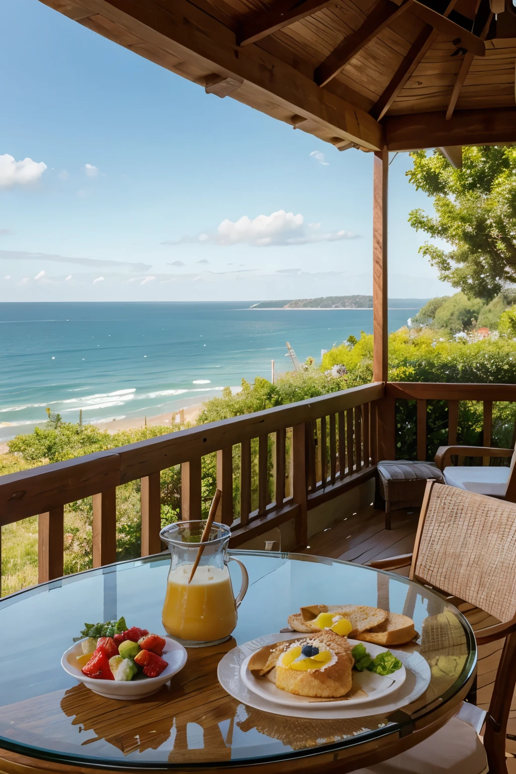 a table with a summer breakfast with a view of the sea