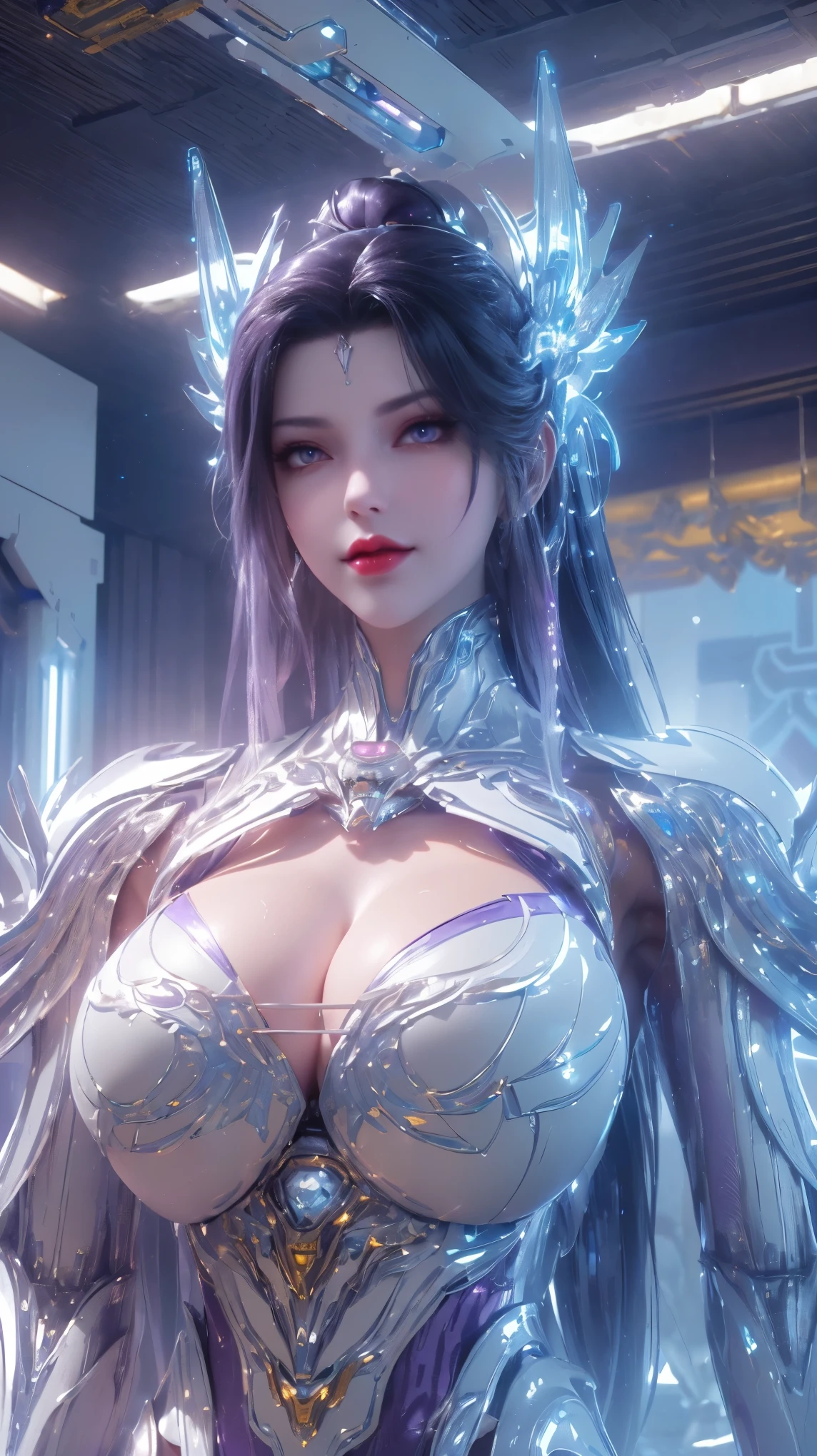 UPPER BODY,CLOSE UP HALF BODY,SOLO,LED BODY,(BEAUTY WHITE HAIR,MECHA GOLD PHOENIX HELM), (HUGE FAKE BREASTS,CLEAVAGE TOP,MUSCLE ABS:1.5), ((WEARING (BLUE,PURPLE,WHITE) SHINY FUTURISTIC MECHA MINI BIKINI:1.5)),((MUSCULAR PERFECT BODY MATURE WOMAN:1.6)), (SWEATY GLOSSY BODY:1.4), (LOOKING AT VIEWER:1.6),(BACKGROUND OF FUTURISTIC SPACE STATION:1), (PHOTOREALSITIC:1.4), (ULTRA-DETAIL), (TOP-QUALITY), (BEST SHADOWS), (MASTERPIECE), BRIGHT LIGHT IN ROOM, HYPER TEXTURE, (4X MSAA), ((UNREAL ENGINE 5 RENDER)), PHYSICALLY-BASED RENDERING, ULTRA HIGHT DEFINITION, 16K, 1080P.